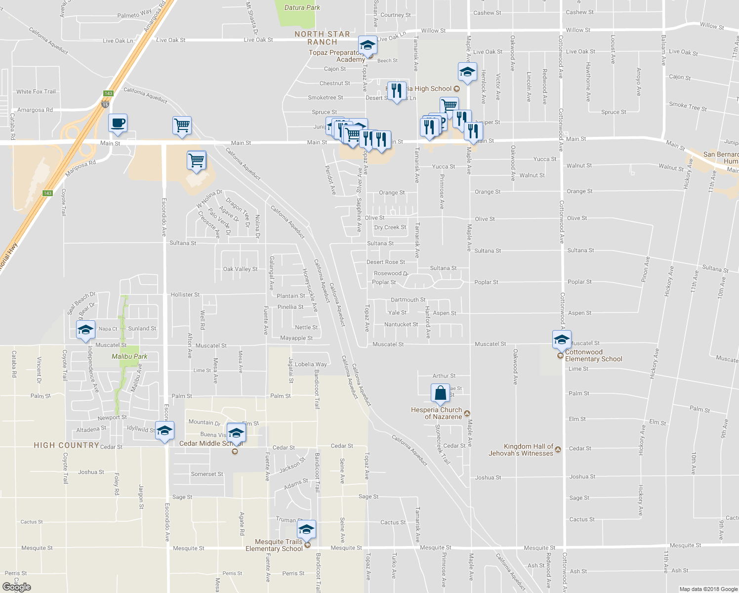 map of restaurants, bars, coffee shops, grocery stores, and more near 14106 Dartmouth Street in Hesperia