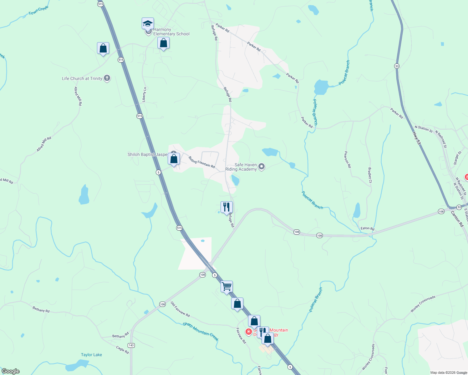 map of restaurants, bars, coffee shops, grocery stores, and more near 50 Dogwood Park in Jasper