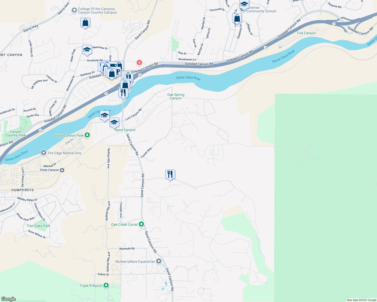 map of restaurants, bars, coffee shops, grocery stores, and more near in Santa Clarita