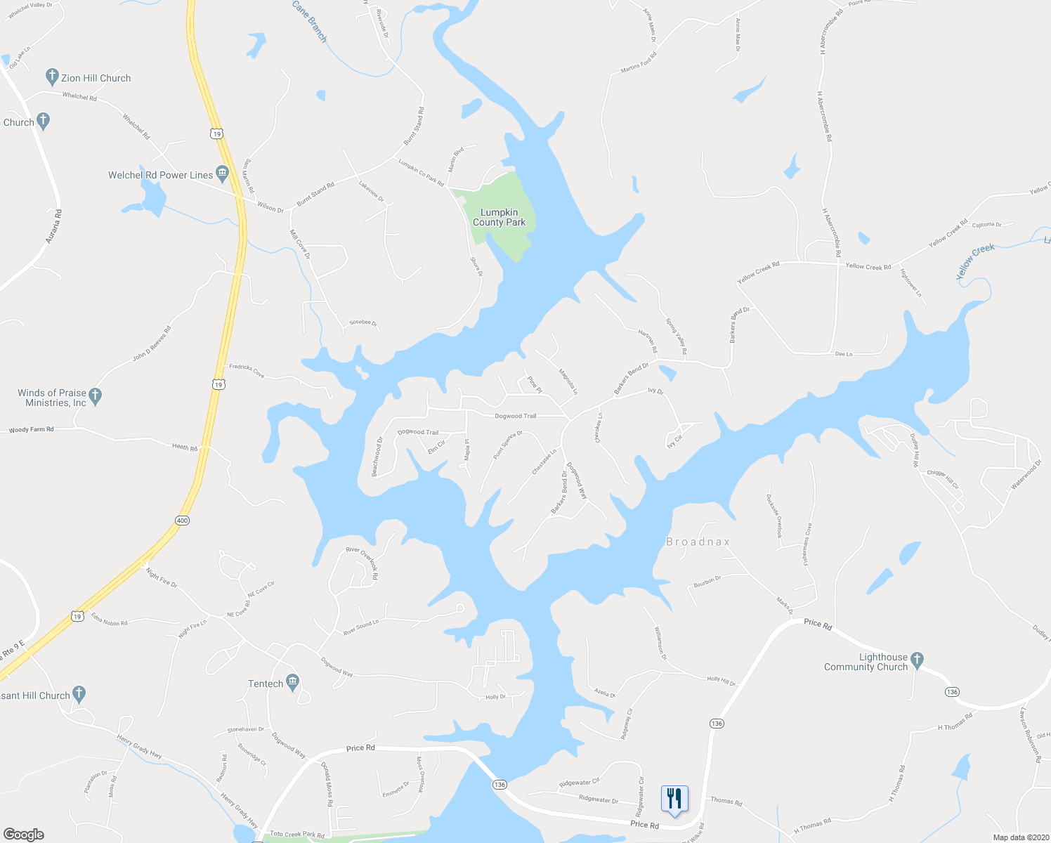 map of restaurants, bars, coffee shops, grocery stores, and more near 7437 Dogwood Trail in Murrayville
