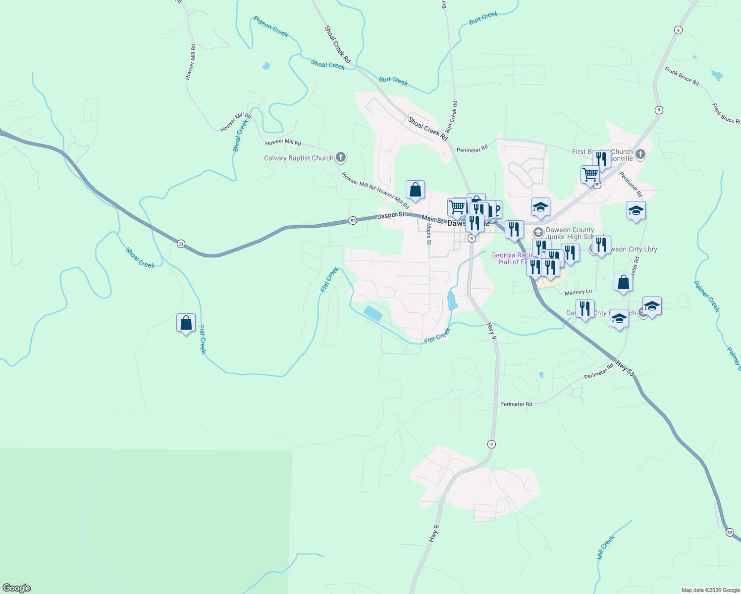 map of restaurants, bars, coffee shops, grocery stores, and more near 378 Flat Creek Drive in Dawsonville