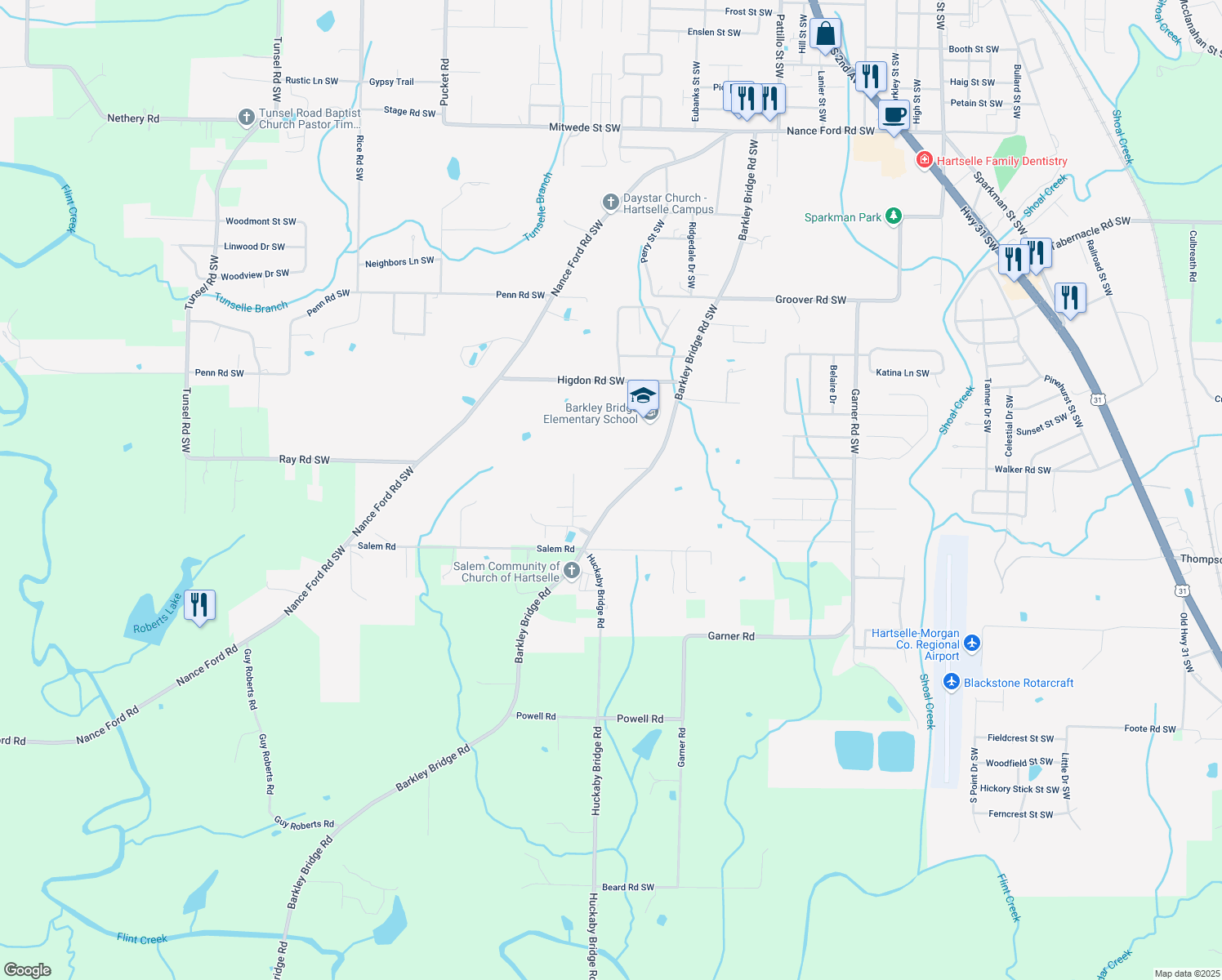 map of restaurants, bars, coffee shops, grocery stores, and more near 2905 Barkley Bridge Road Southwest in Hartselle