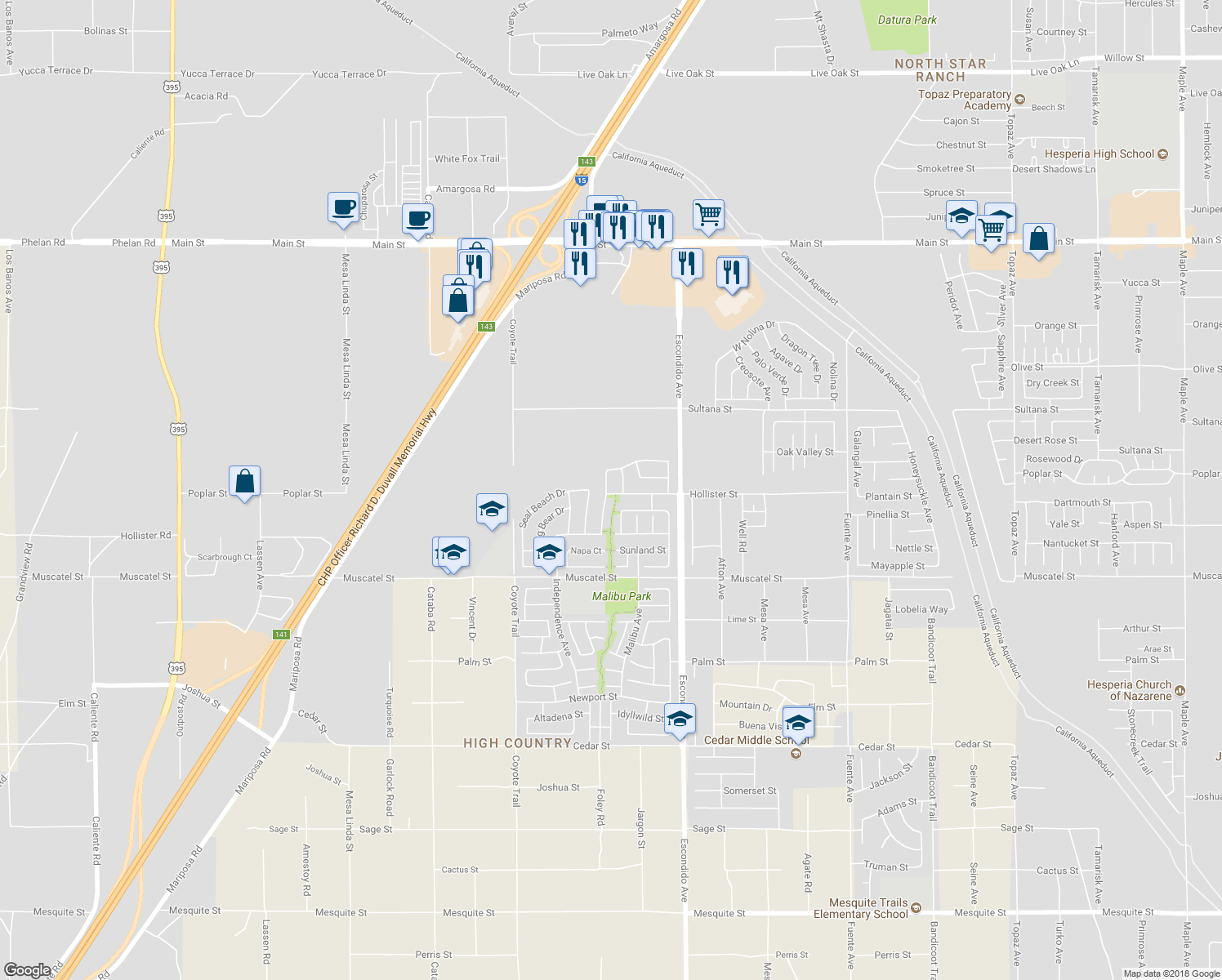 map of restaurants, bars, coffee shops, grocery stores, and more near 9115 Chimney Rock Avenue in Hesperia