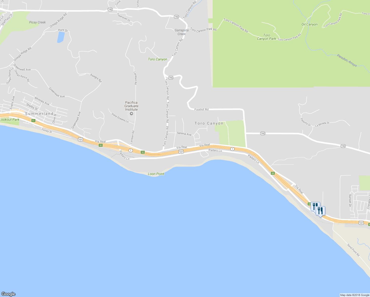 map of restaurants, bars, coffee shops, grocery stores, and more near 3146 Via Real in Carpinteria