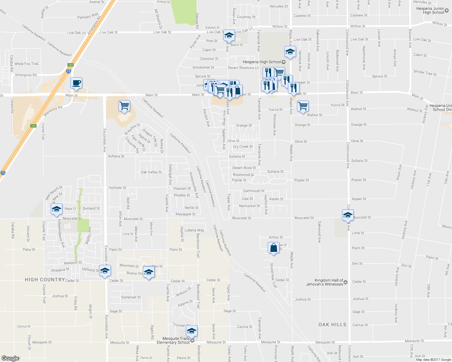 map of restaurants, bars, coffee shops, grocery stores, and more near 9143 Ocotillo Avenue in Hesperia