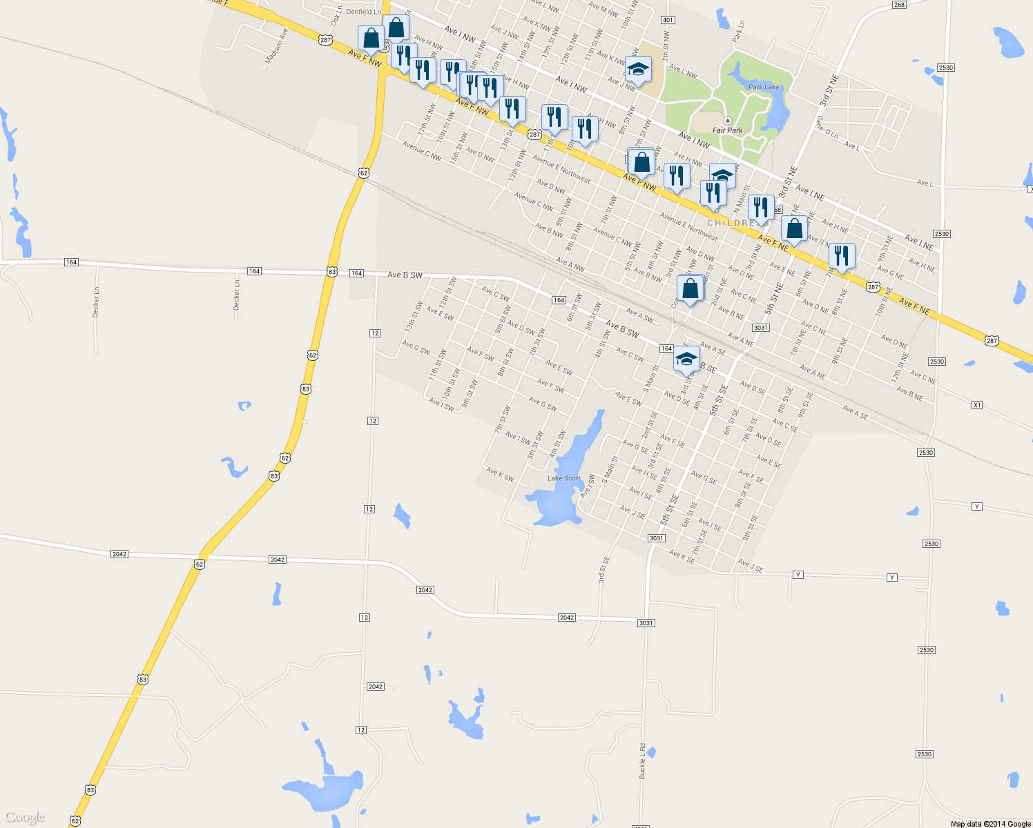 map of restaurants, bars, coffee shops, grocery stores, and more near 601 Ave H SW in Childress