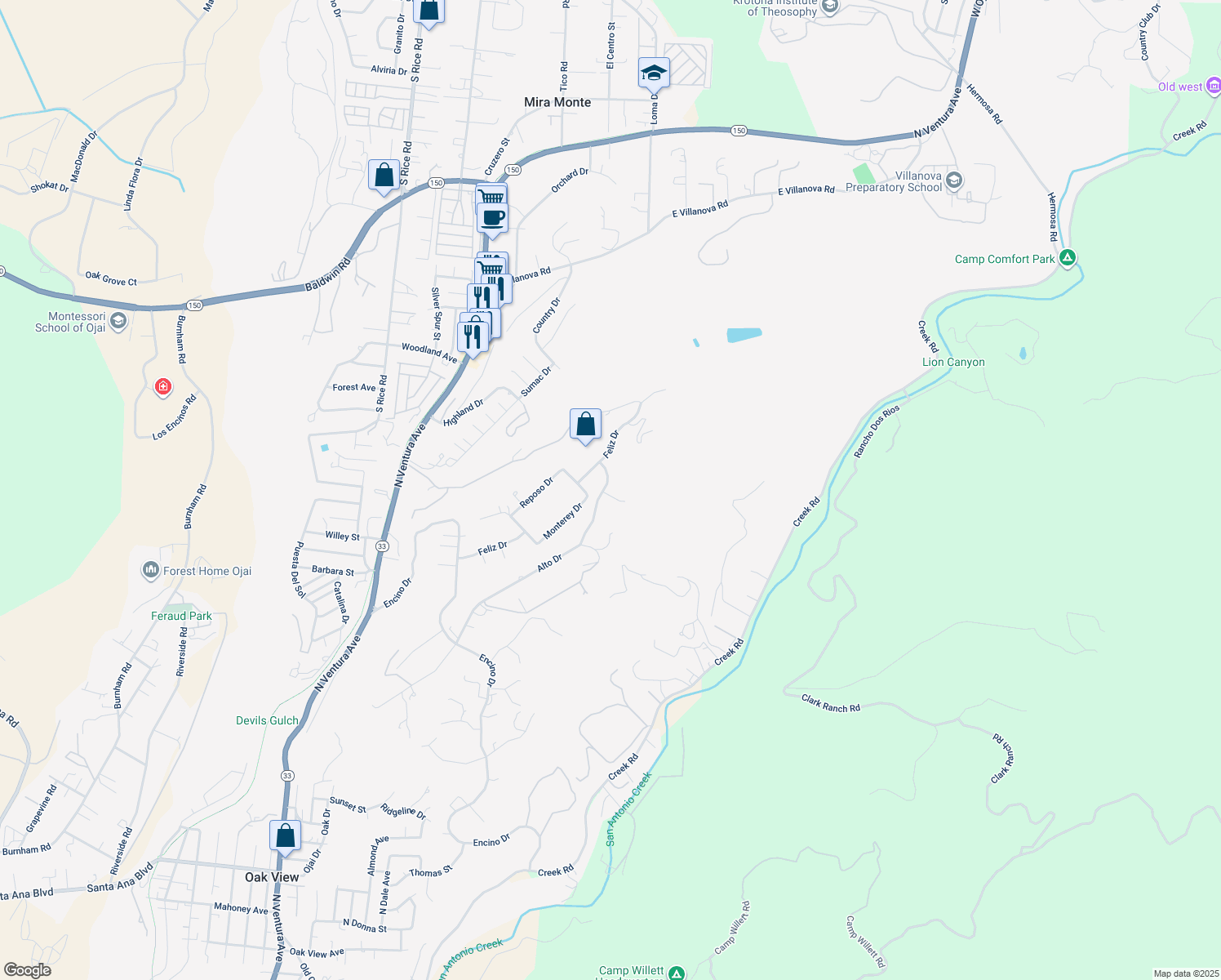 map of restaurants, bars, coffee shops, grocery stores, and more near 35 Alto Drive in Oak View
