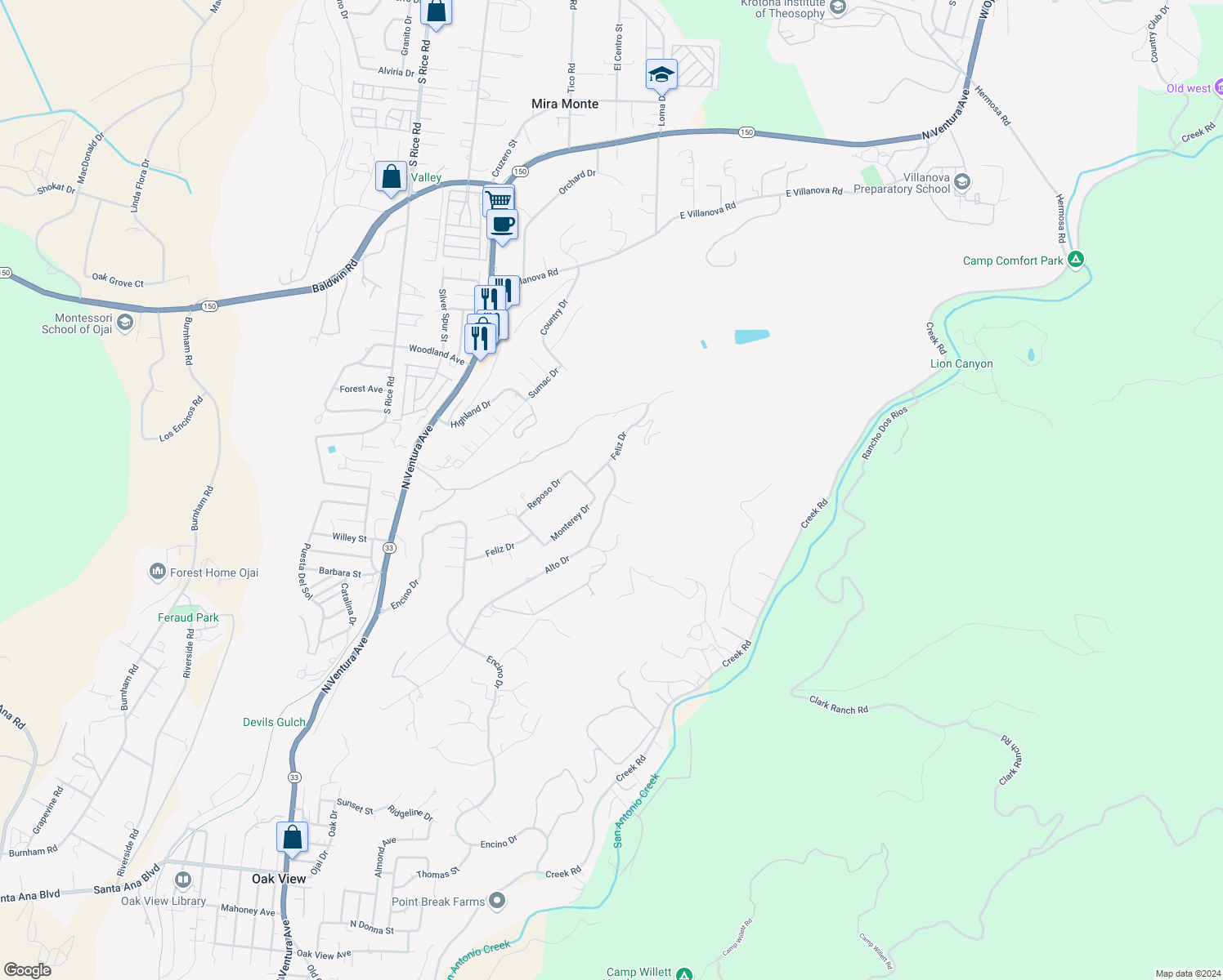 map of restaurants, bars, coffee shops, grocery stores, and more near 35 Alto Drive in Oak View