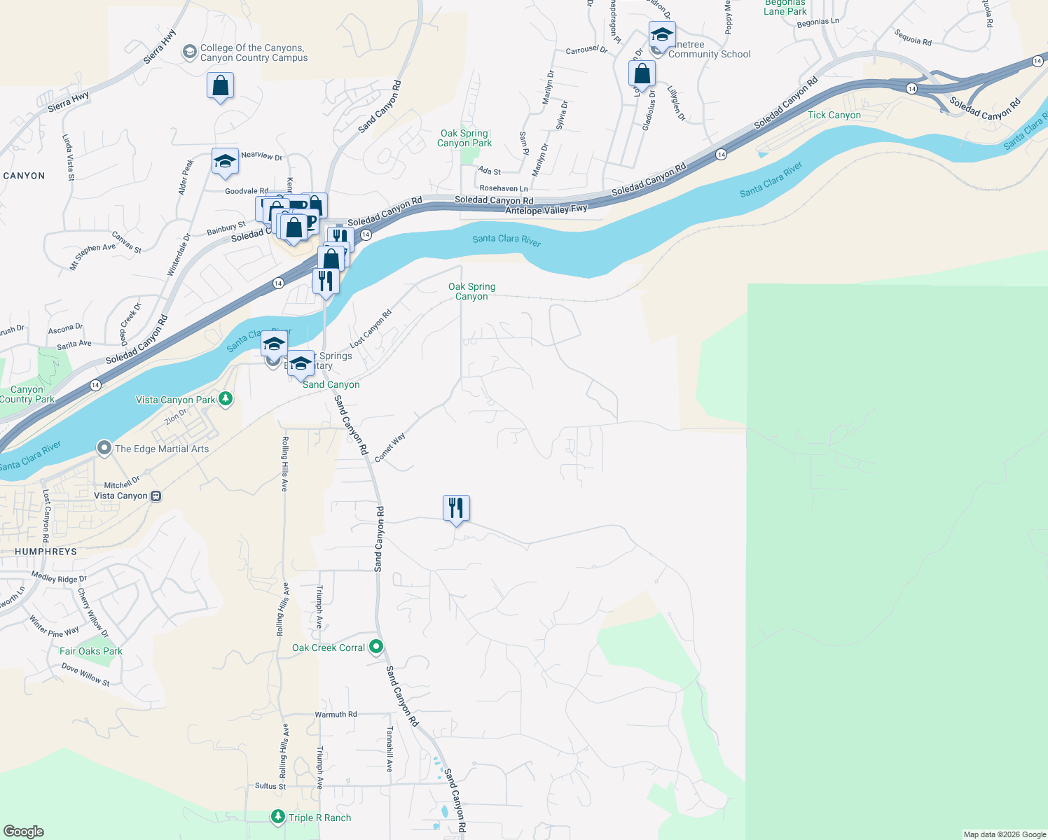 map of restaurants, bars, coffee shops, grocery stores, and more near 28132 Oak Springs Canyon Road in Santa Clarita