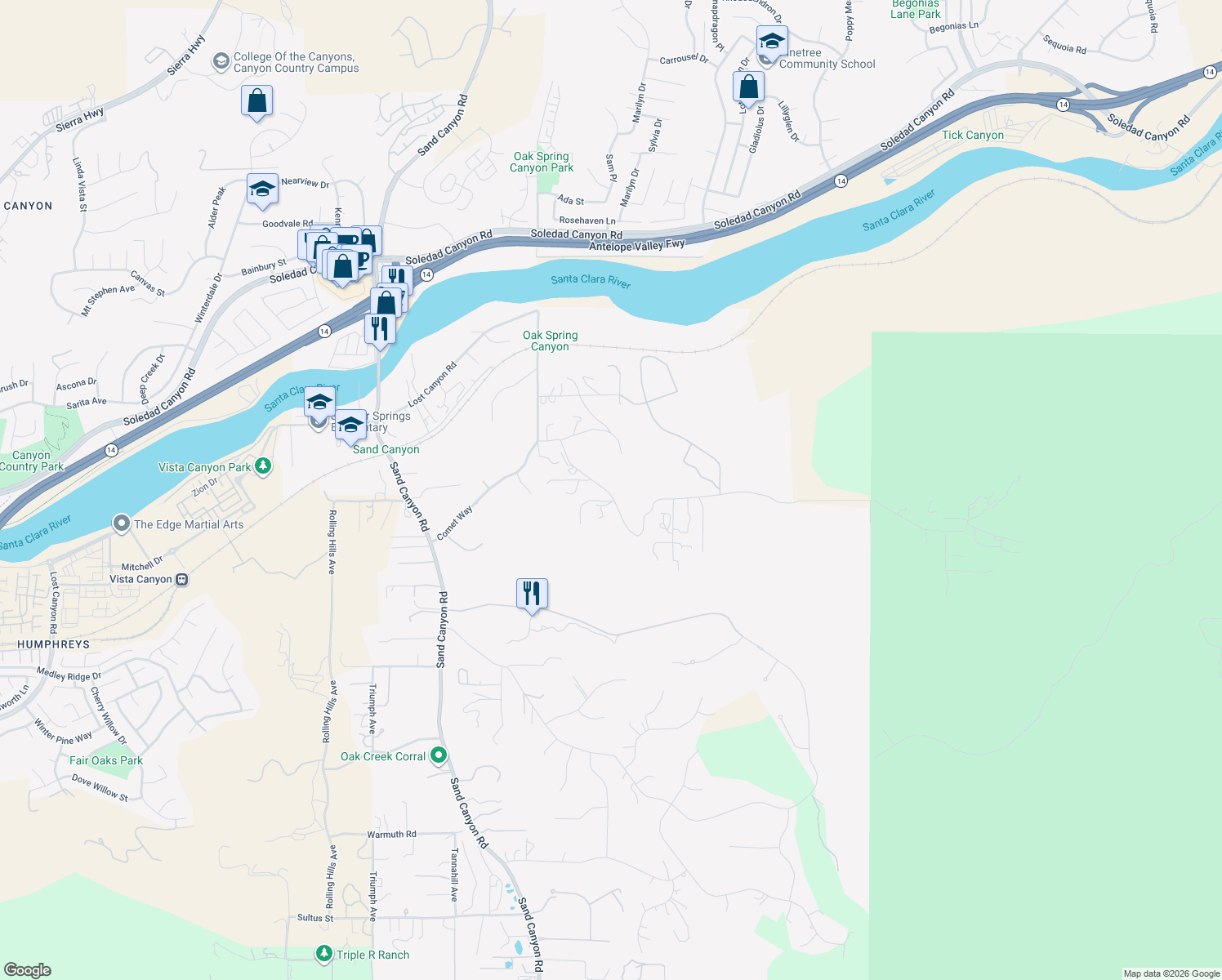 map of restaurants, bars, coffee shops, grocery stores, and more near 2 Soledad Canyon Road in Acton