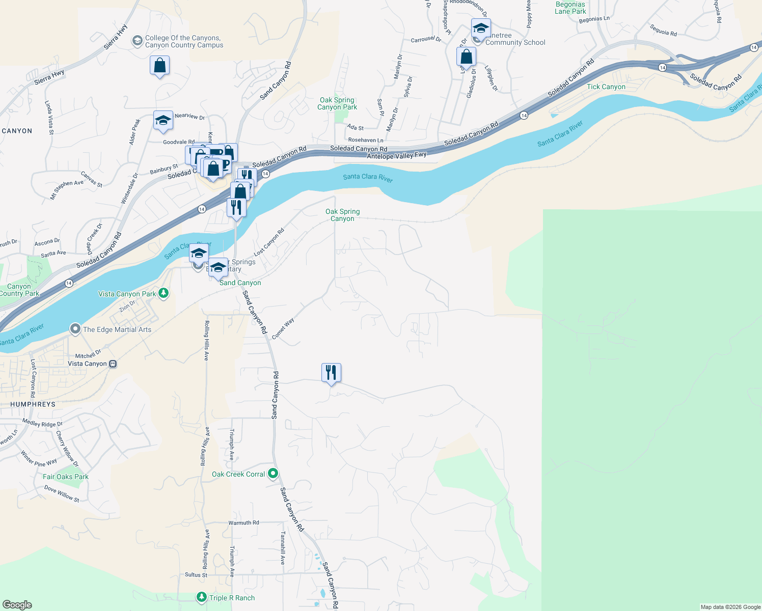 map of restaurants, bars, coffee shops, grocery stores, and more near 28132 Oak Springs Canyon Road in Santa Clarita