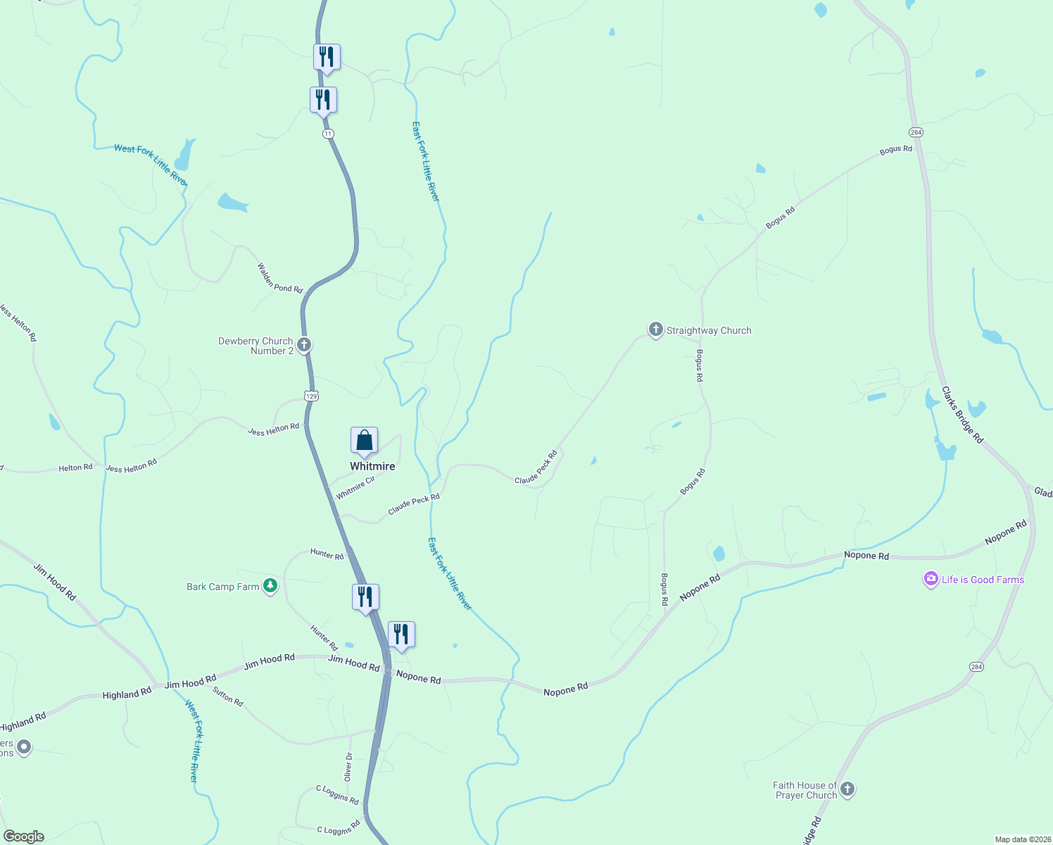map of restaurants, bars, coffee shops, grocery stores, and more near 4579 Claude Peck Road in Gainesville