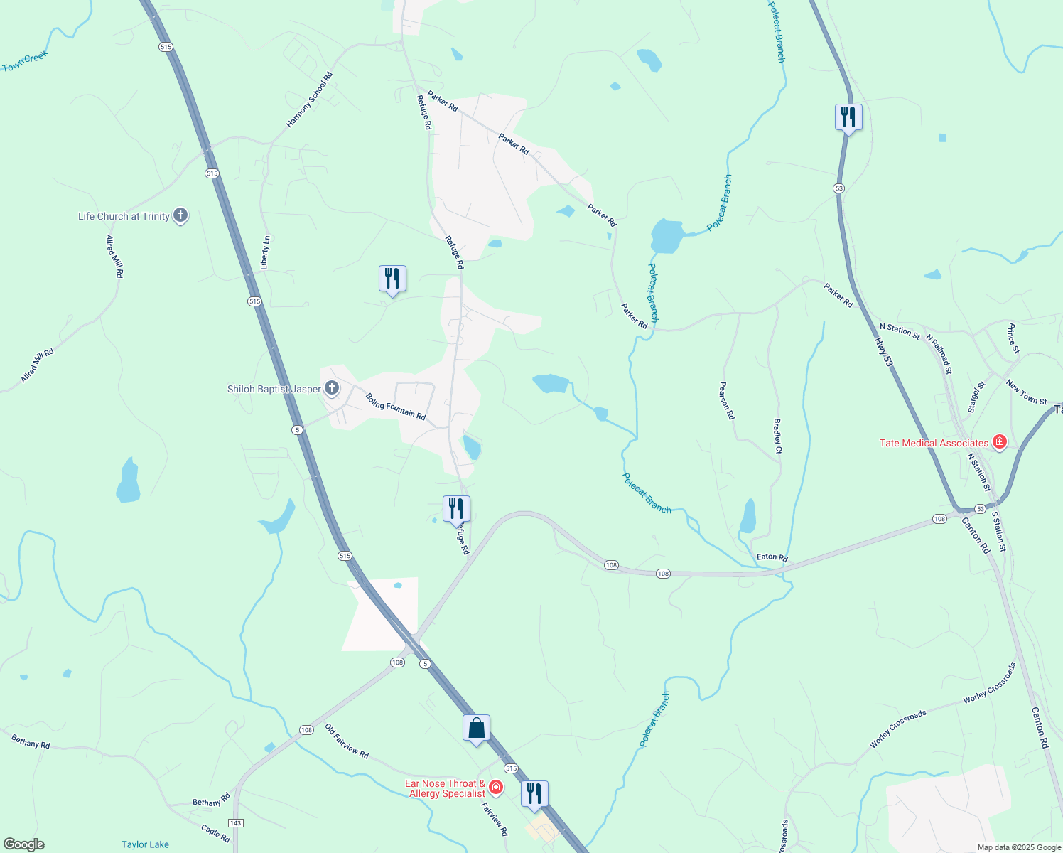 map of restaurants, bars, coffee shops, grocery stores, and more near 405 Thrasher Lane in Jasper