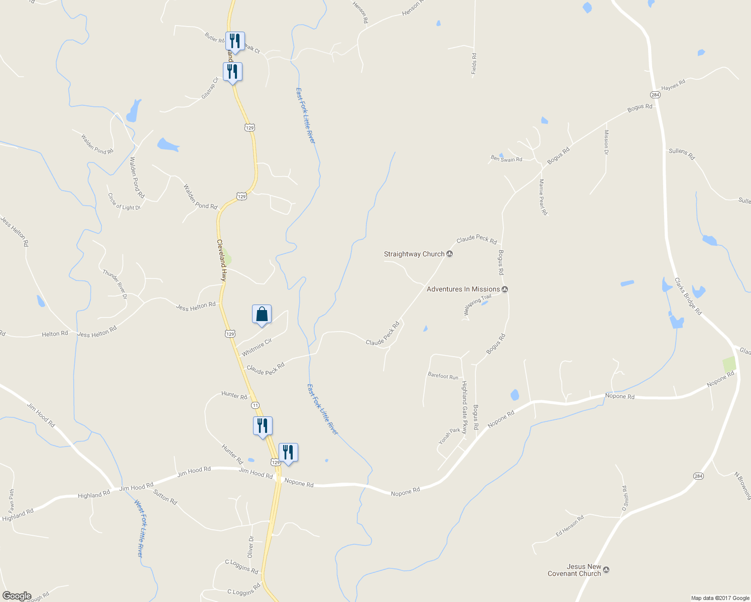 map of restaurants, bars, coffee shops, grocery stores, and more near 4579 Claude Peck Road in Gainesville