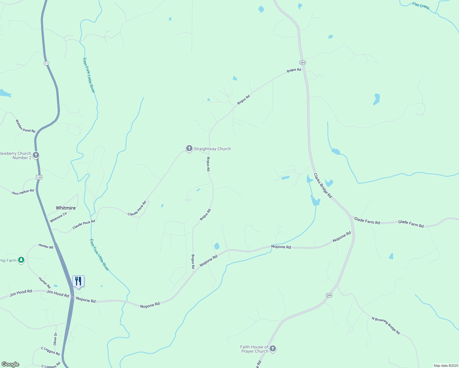 map of restaurants, bars, coffee shops, grocery stores, and more near 5553 Bogus Road in Gainesville