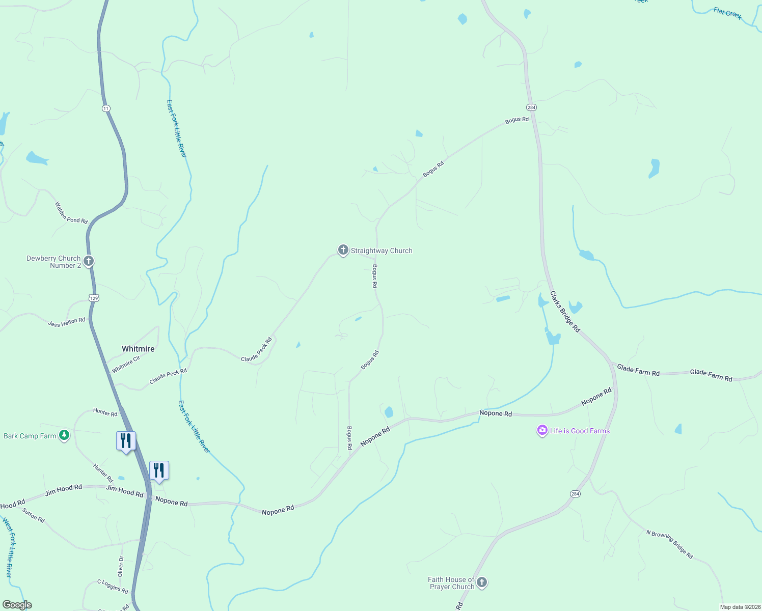map of restaurants, bars, coffee shops, grocery stores, and more near 5504 Bogus Road in Gainesville