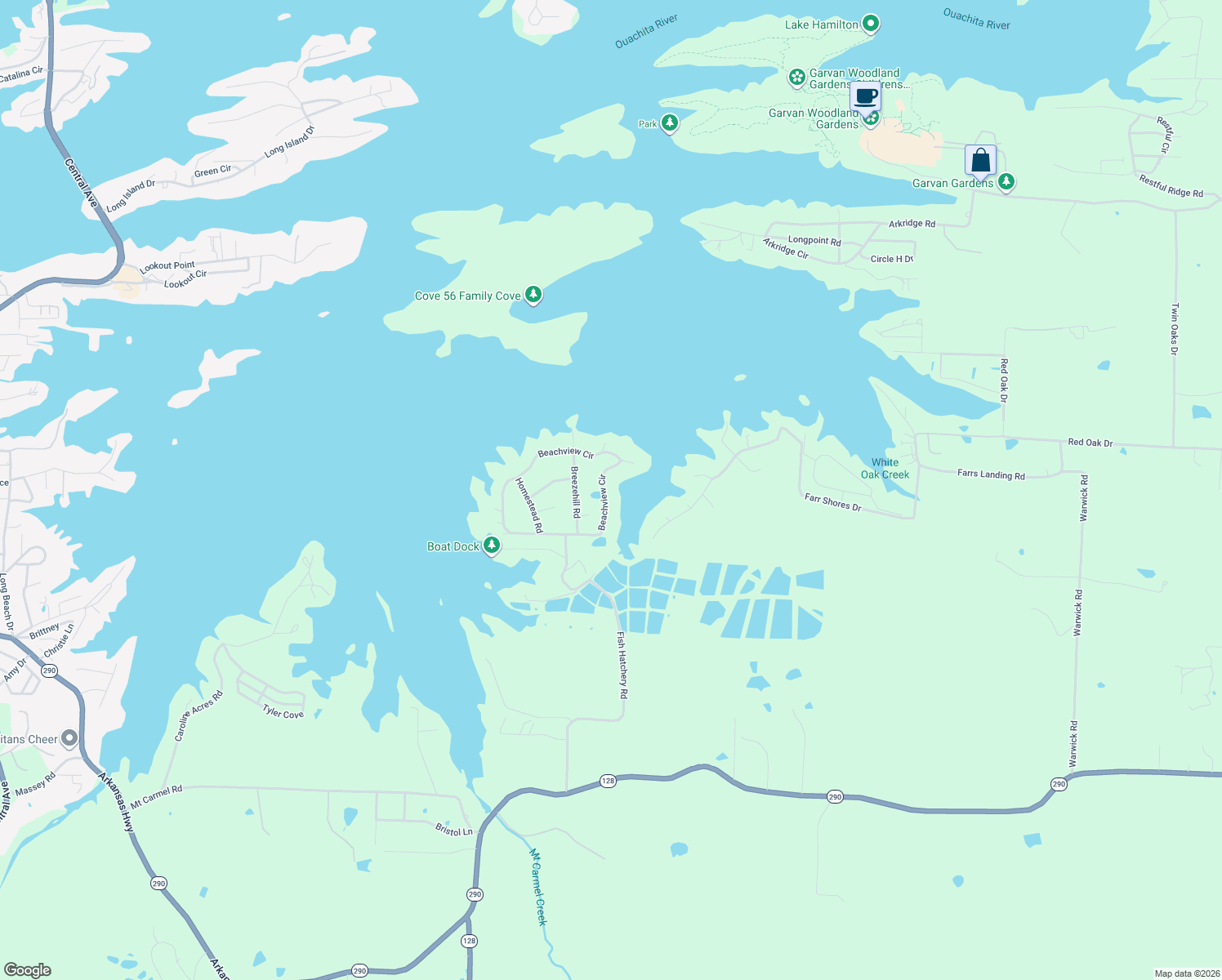 map of restaurants, bars, coffee shops, grocery stores, and more near 214 Beachview Circle in Hot Springs