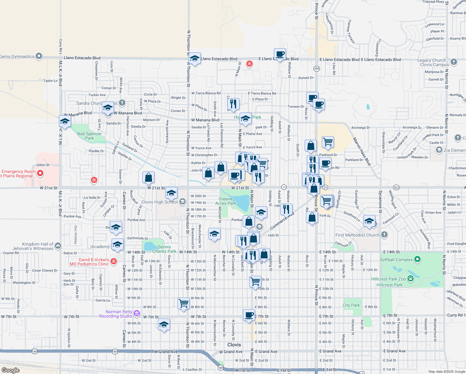 map of restaurants, bars, coffee shops, grocery stores, and more near 320 W 21st St in Clovis
