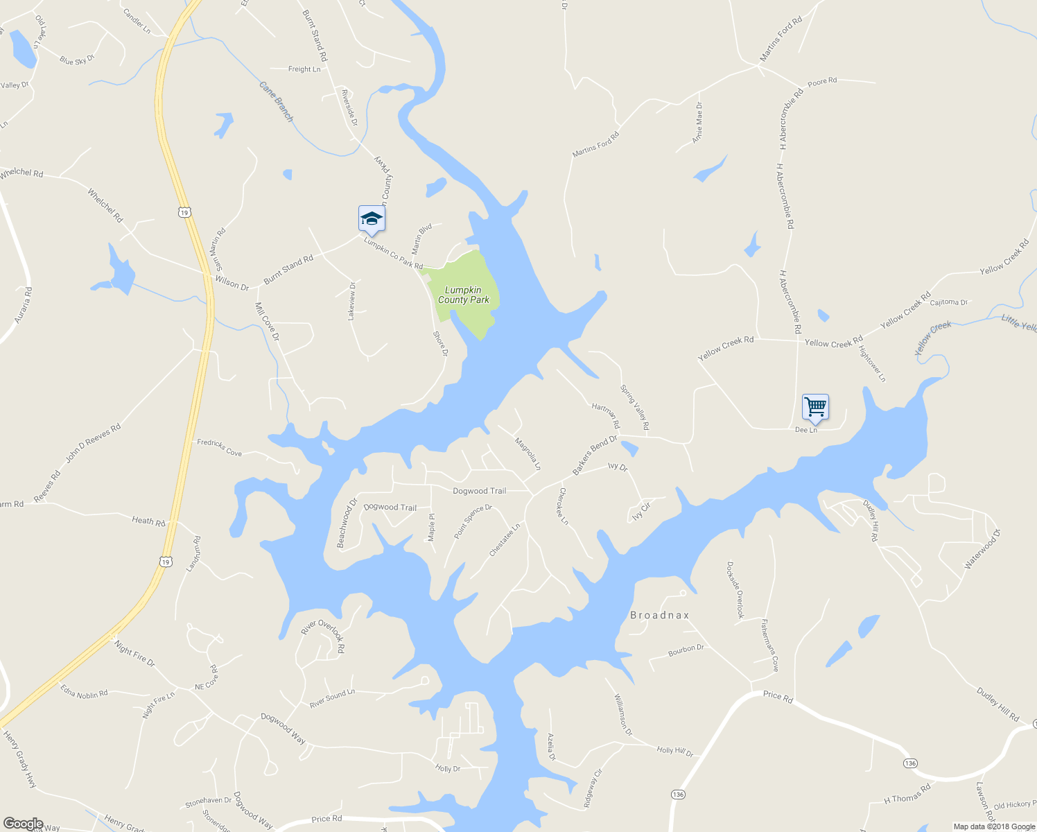 map of restaurants, bars, coffee shops, grocery stores, and more near 7698 Willow Court in Murrayville