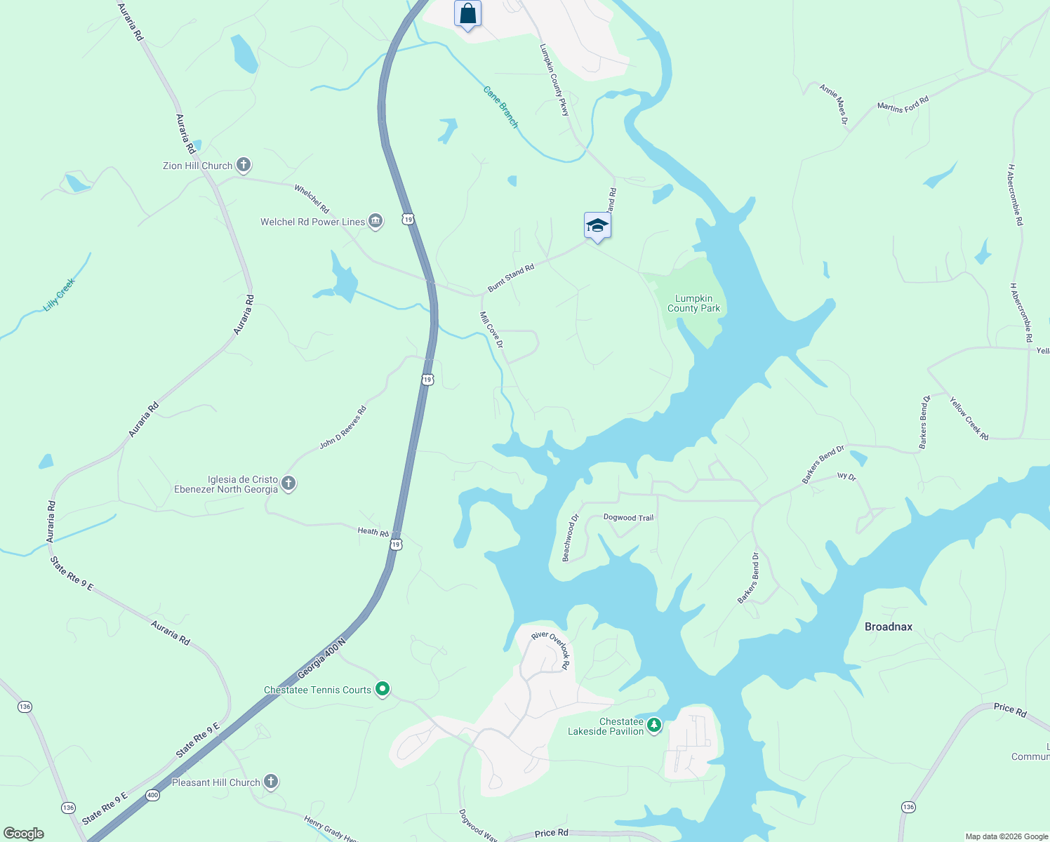 map of restaurants, bars, coffee shops, grocery stores, and more near 426 Mill Cove Drive in Dahlonega