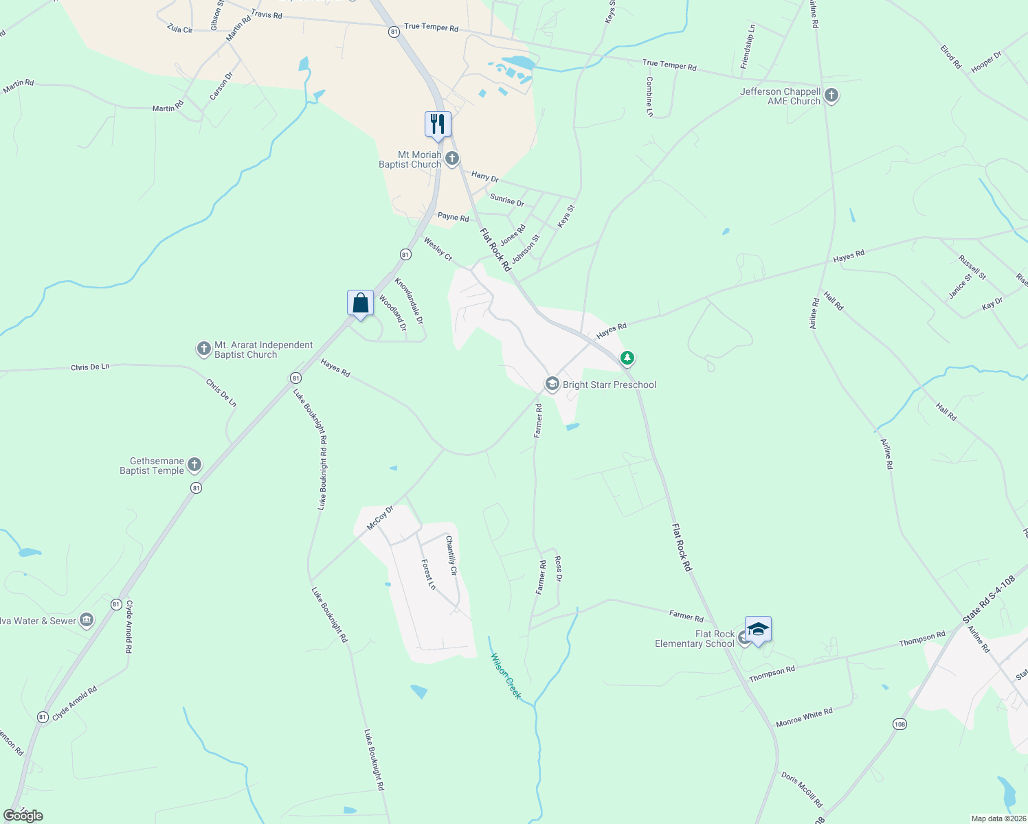 map of restaurants, bars, coffee shops, grocery stores, and more near 509 Hayes Road in Starr