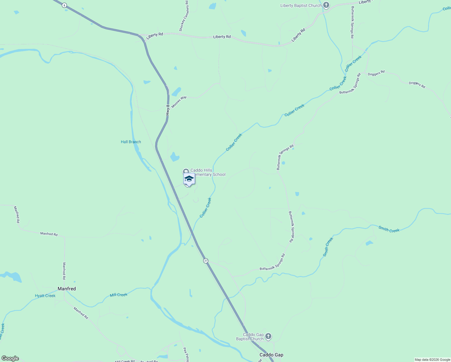 map of restaurants, bars, coffee shops, grocery stores, and more near Buttermilk Springs Road in Caddo Gap