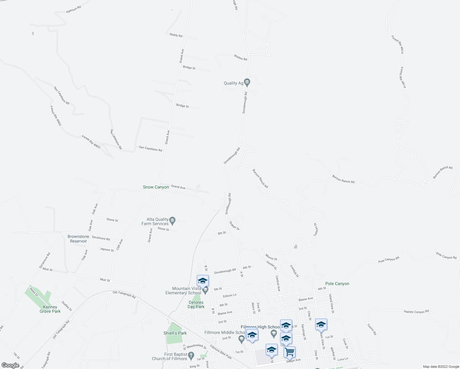 map of restaurants, bars, coffee shops, grocery stores, and more near 1550 Goodenough Rd in Fillmore