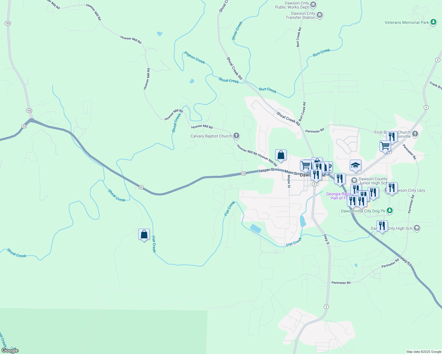 map of restaurants, bars, coffee shops, grocery stores, and more near 753 Highway 53 in Dawsonville