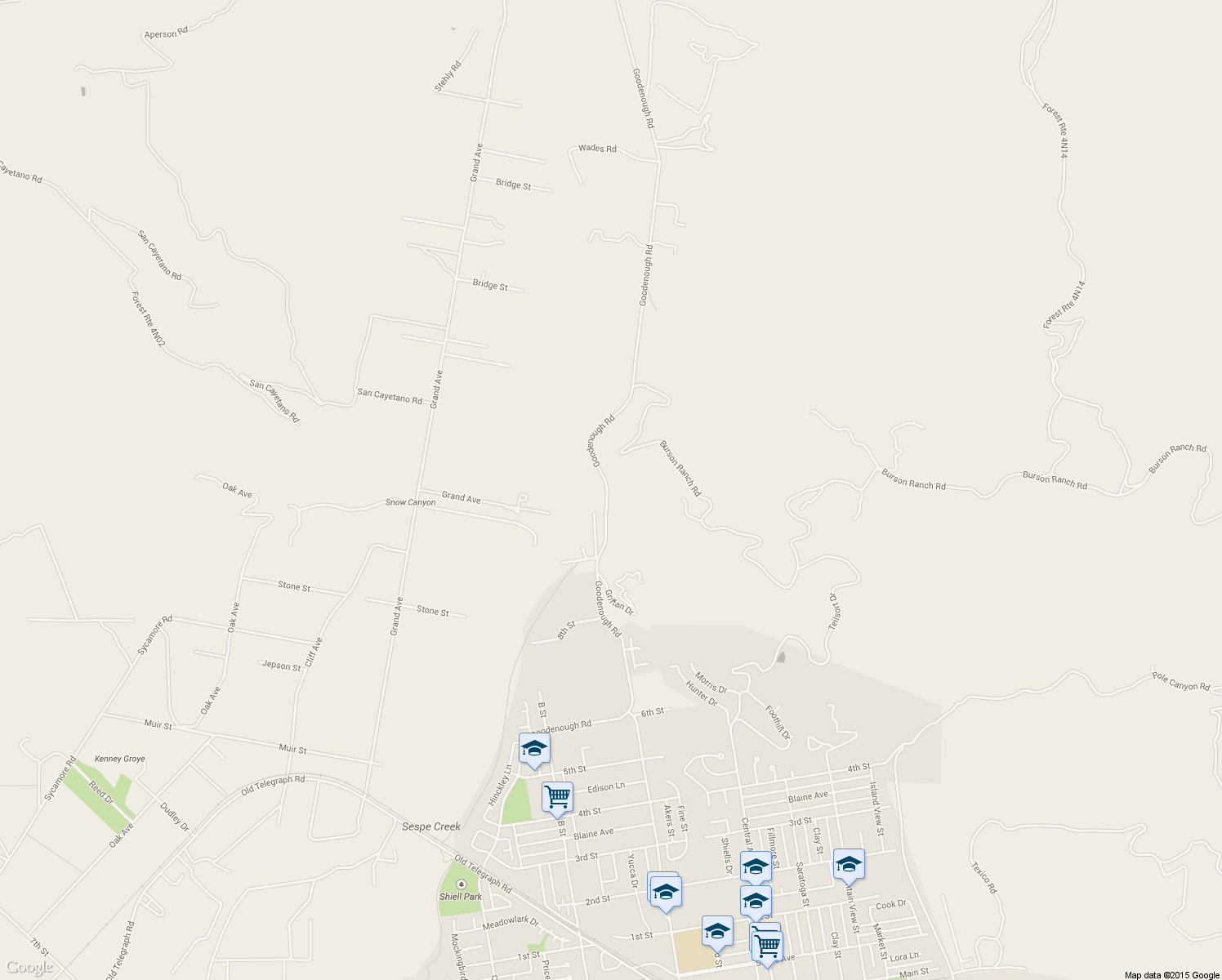 map of restaurants, bars, coffee shops, grocery stores, and more near 1550 Goodenough Road in Fillmore