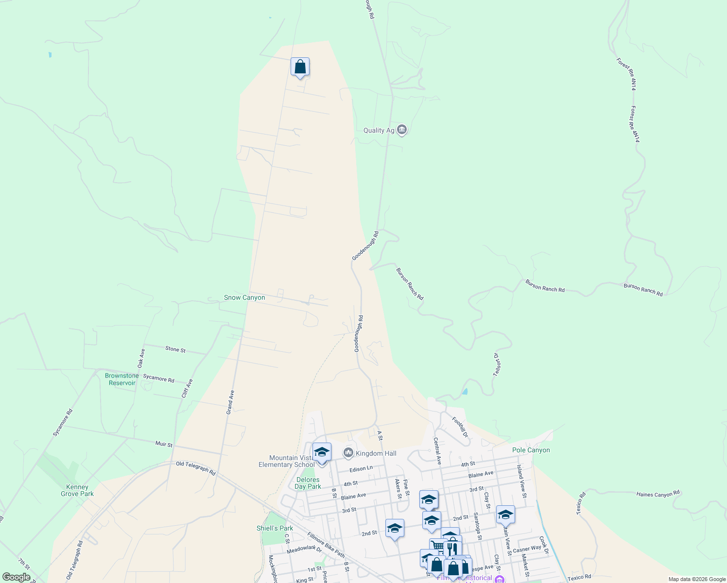 map of restaurants, bars, coffee shops, grocery stores, and more near 1560 Goodenough Road in Fillmore