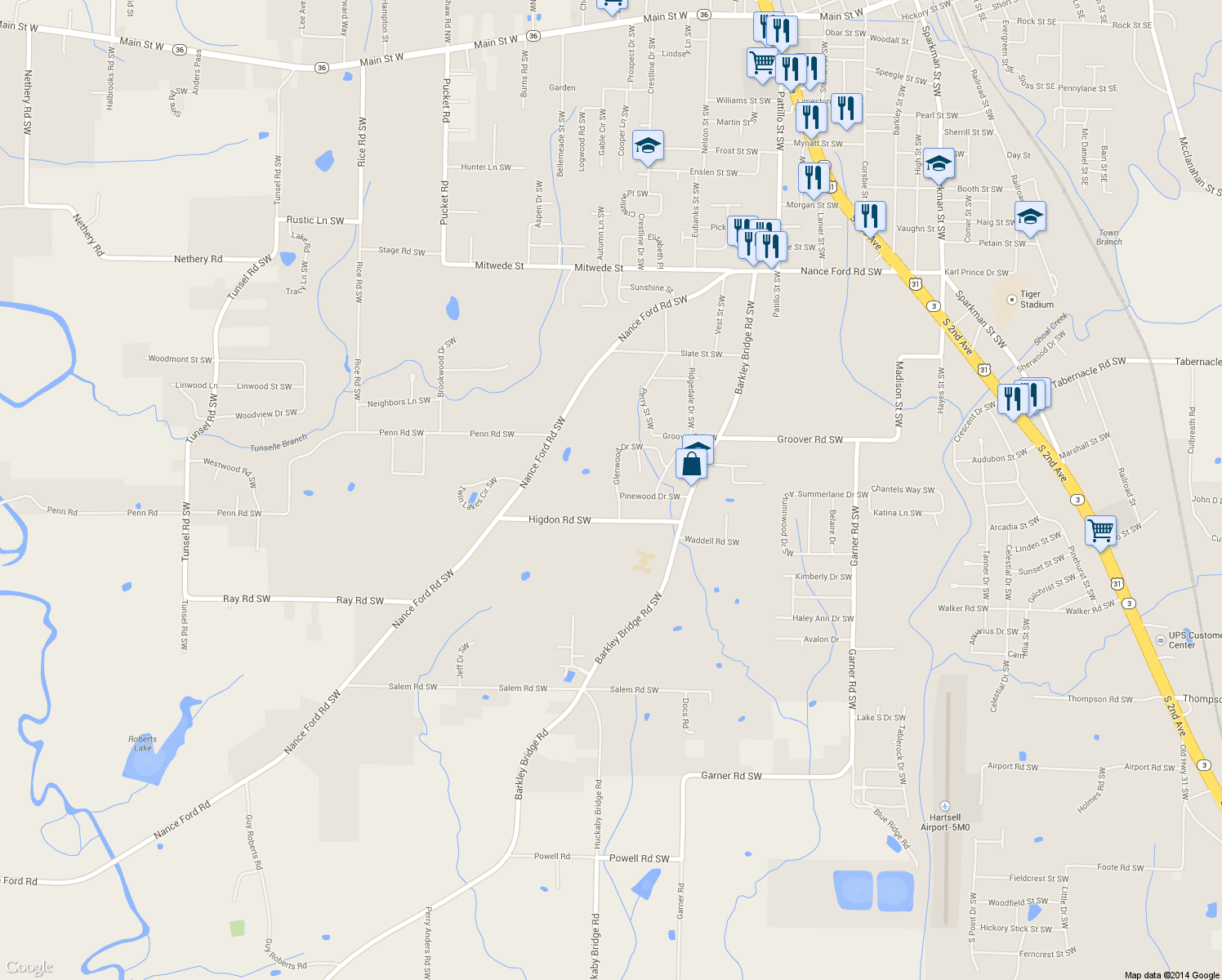 map of restaurants, bars, coffee shops, grocery stores, and more near 2105 Glenwood Dr SW in Hartselle