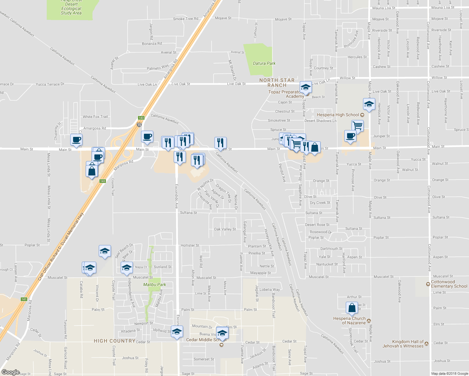 map of restaurants, bars, coffee shops, grocery stores, and more near 13674 West Nolina Drive in Hesperia