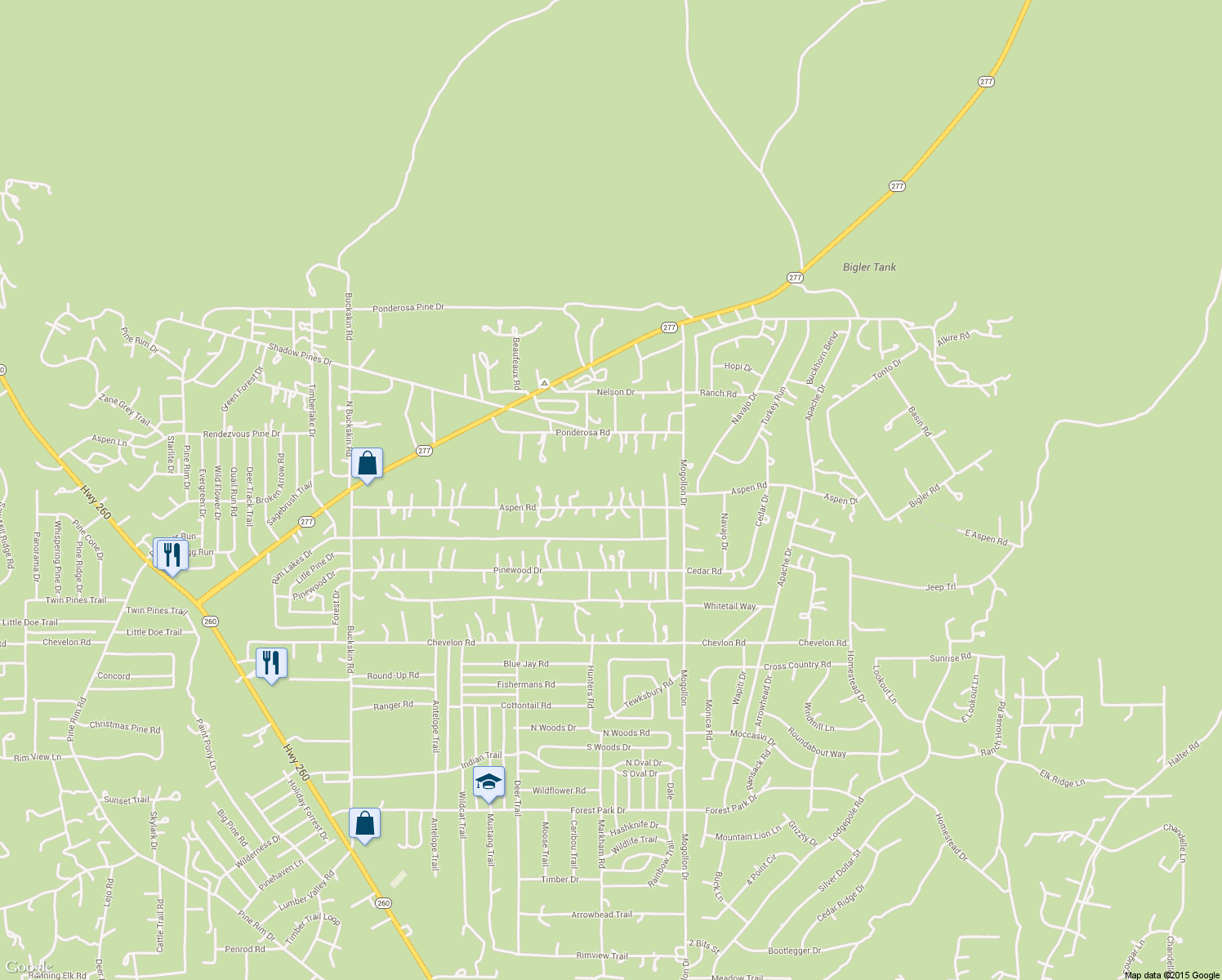 map of restaurants, bars, coffee shops, grocery stores, and more near 3074 Aspen Road in Heber-Overgaard