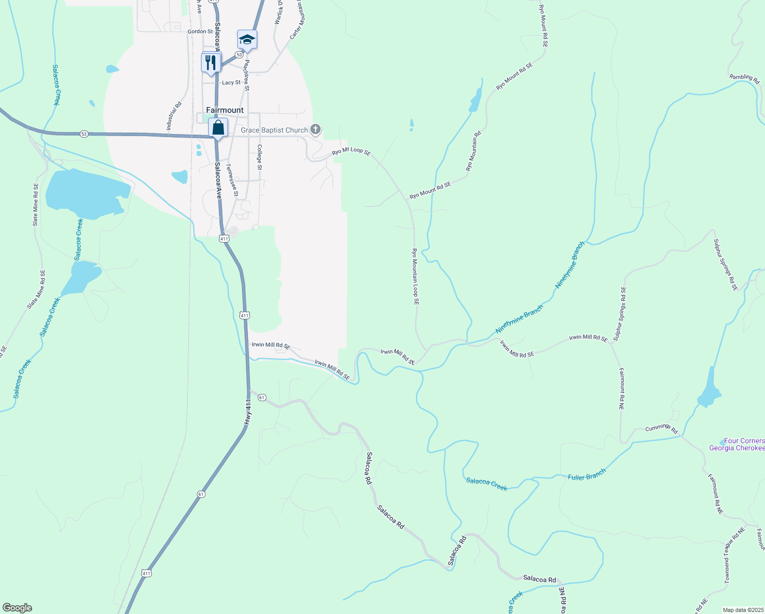 map of restaurants, bars, coffee shops, grocery stores, and more near 1123 Ryo Mountain Loop Southeast in Fairmount