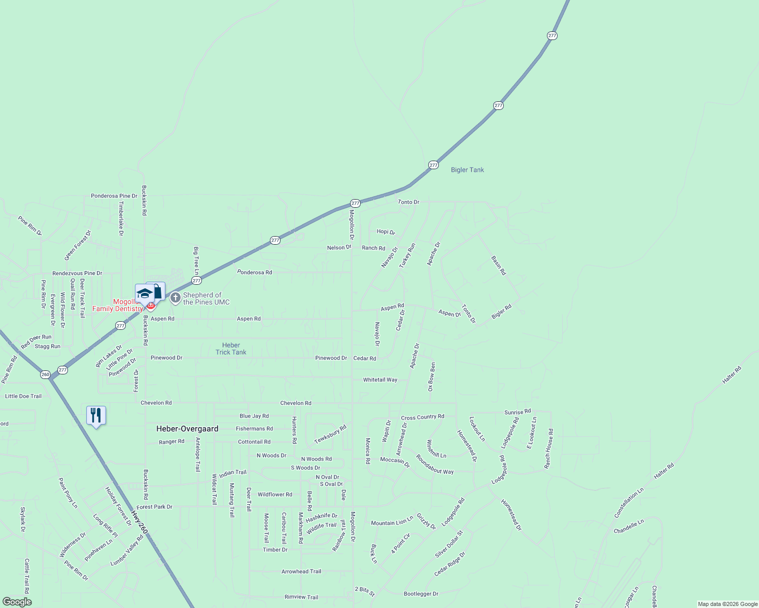 map of restaurants, bars, coffee shops, grocery stores, and more near 3126 Aspen Rd in Heber-Overgaard