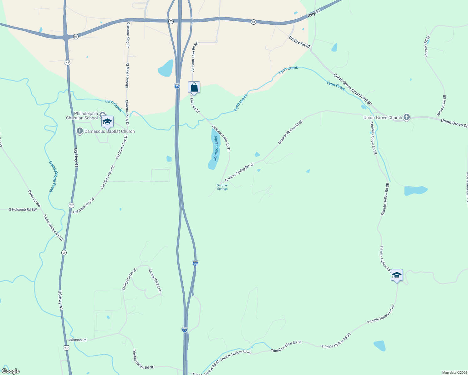map of restaurants, bars, coffee shops, grocery stores, and more near 174 Lakeview Drive Southeast in Adairsville