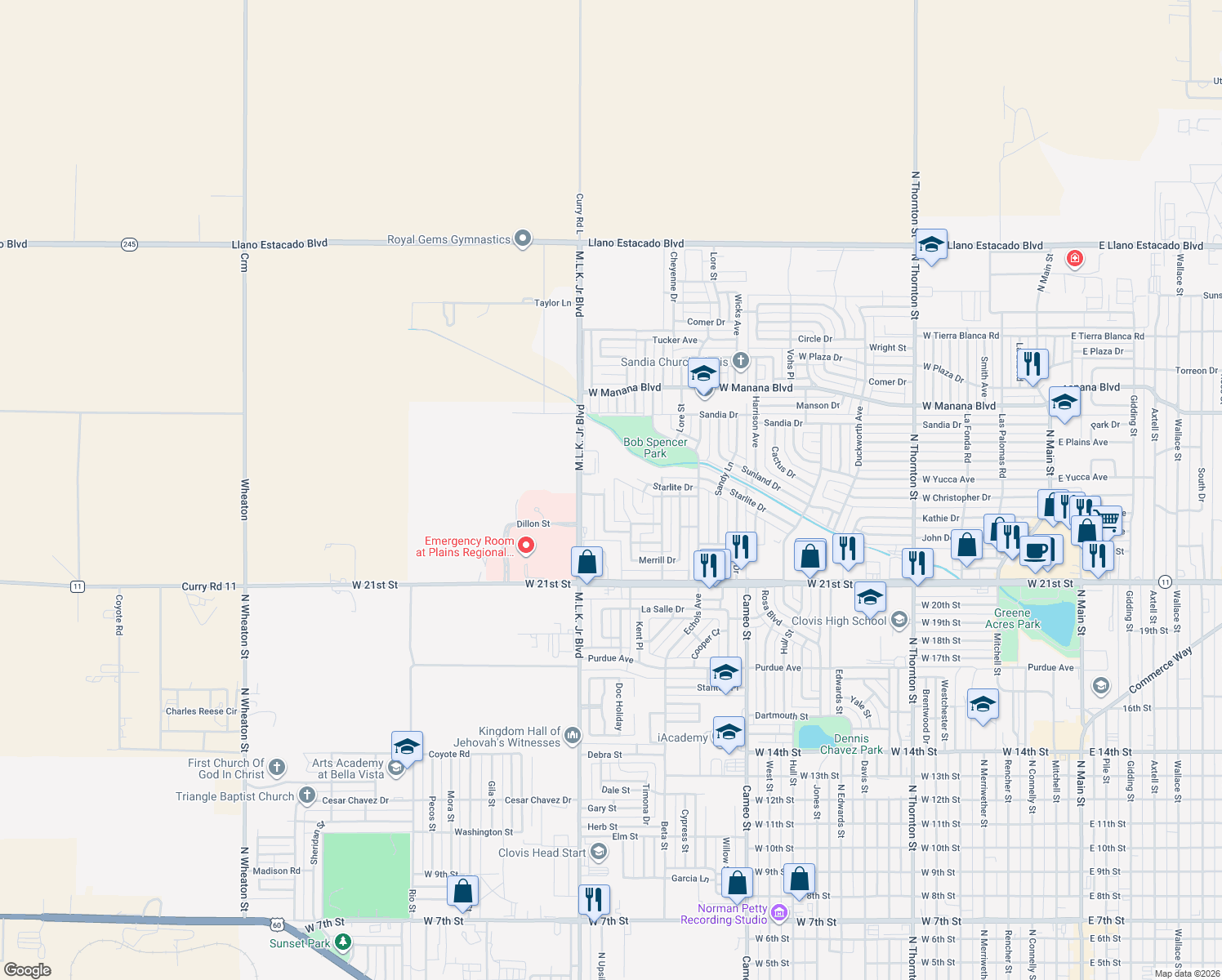 map of restaurants, bars, coffee shops, grocery stores, and more near 801 Corrales Rd in Clovis