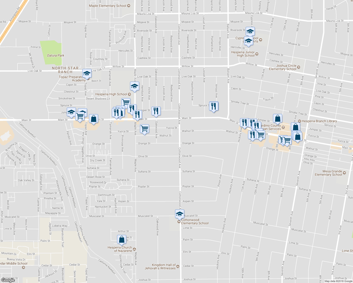 map of restaurants, bars, coffee shops, grocery stores, and more near 14868 Orange Street in Hesperia