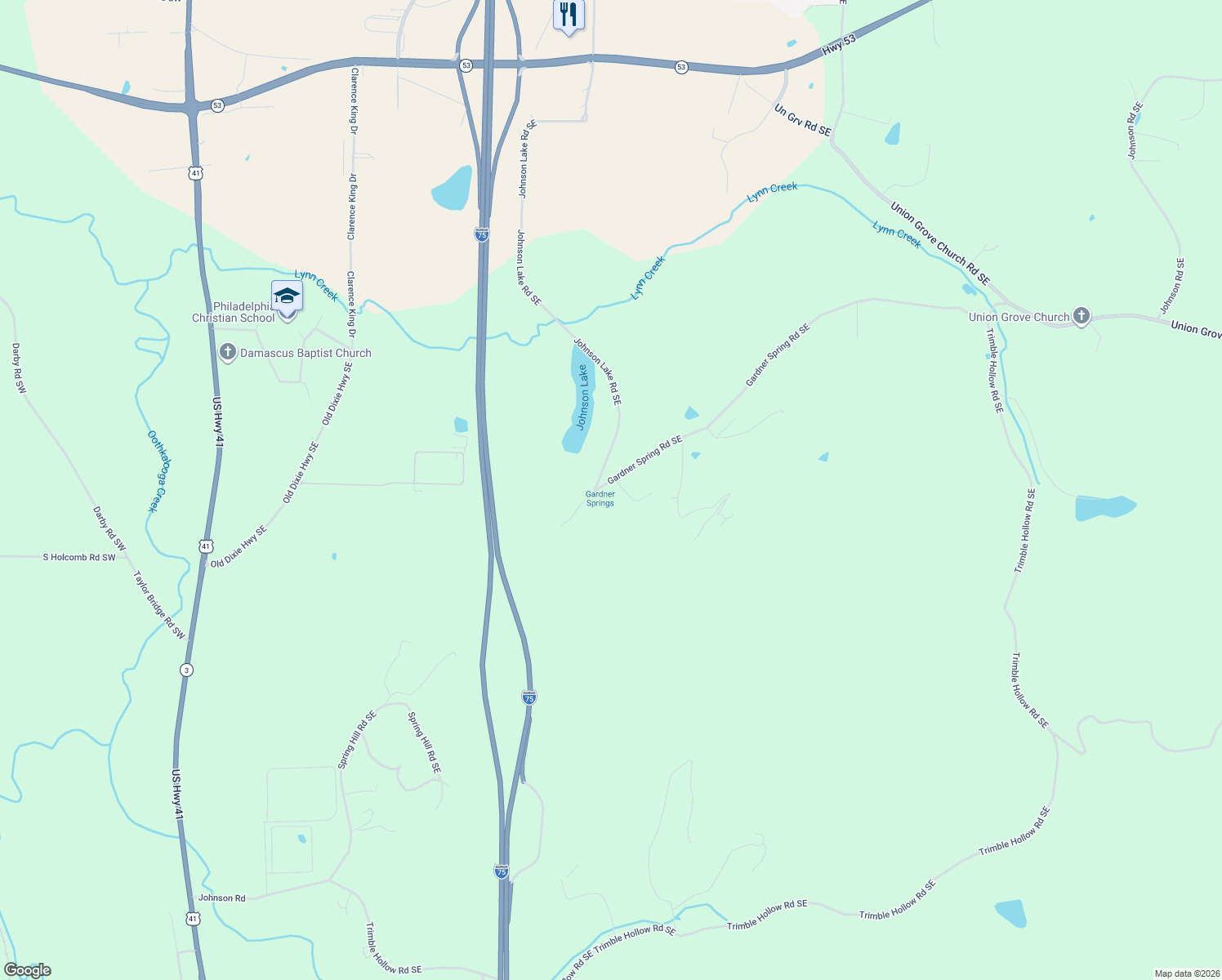 map of restaurants, bars, coffee shops, grocery stores, and more near 123 Gardner Spring Road Southeast in Adairsville
