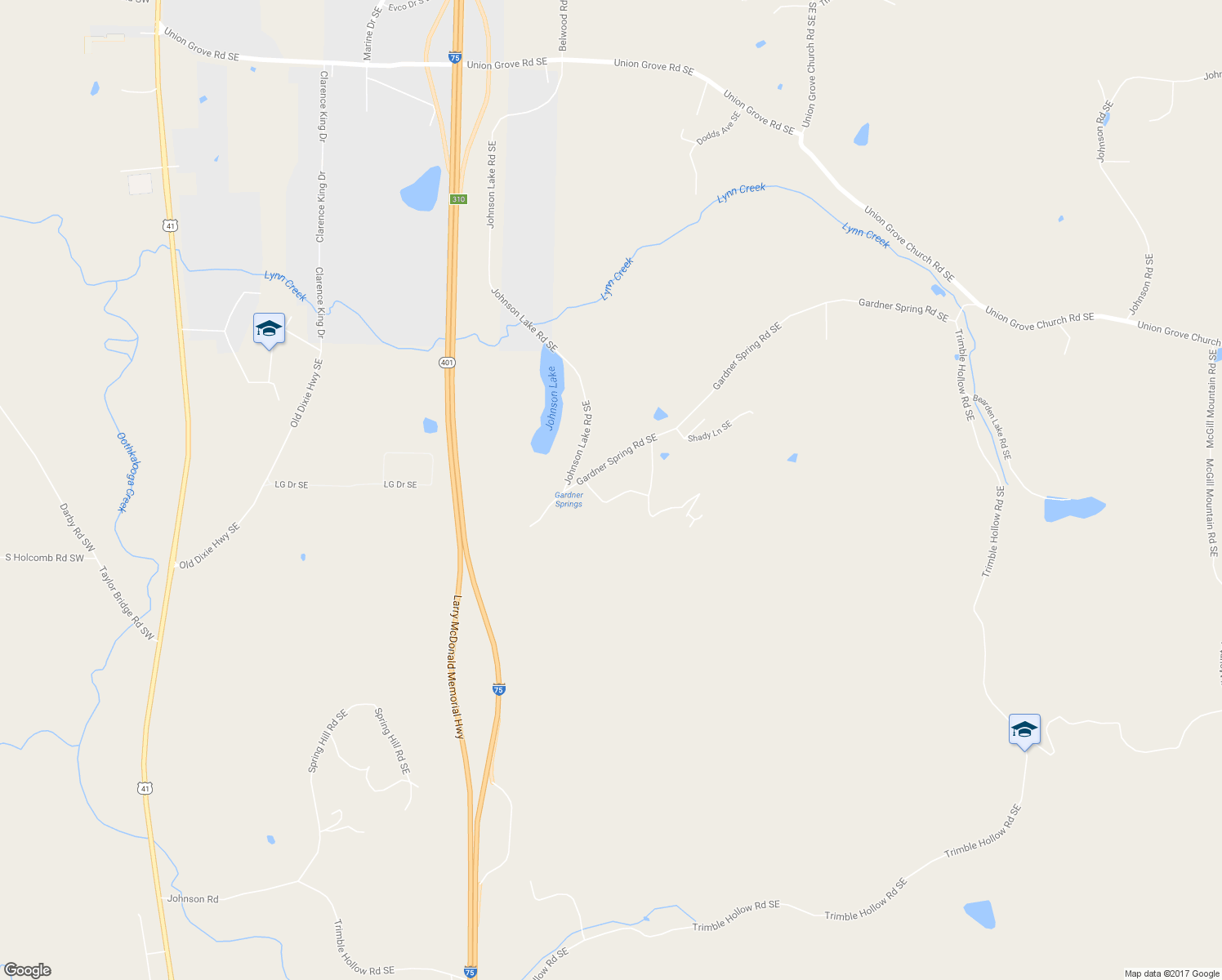 map of restaurants, bars, coffee shops, grocery stores, and more near 174 Lakeview Drive Southeast in Adairsville