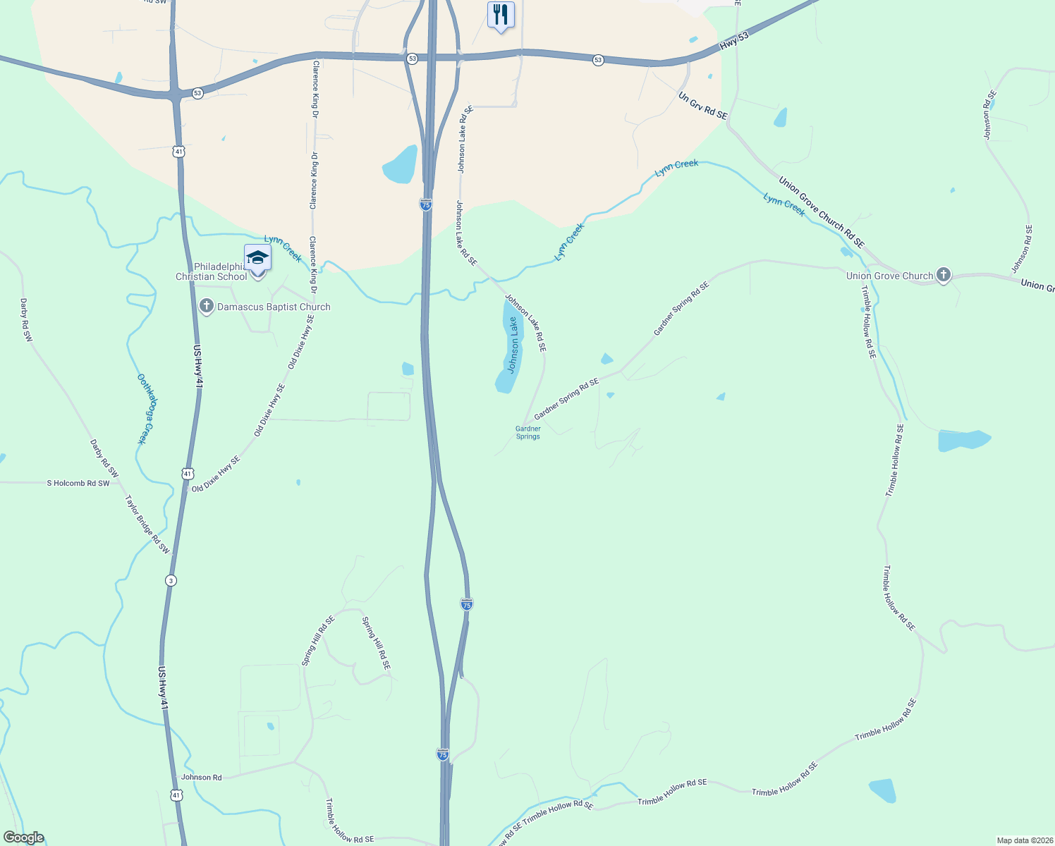 map of restaurants, bars, coffee shops, grocery stores, and more near 123 Gardner Spring Road Southeast in Adairsville