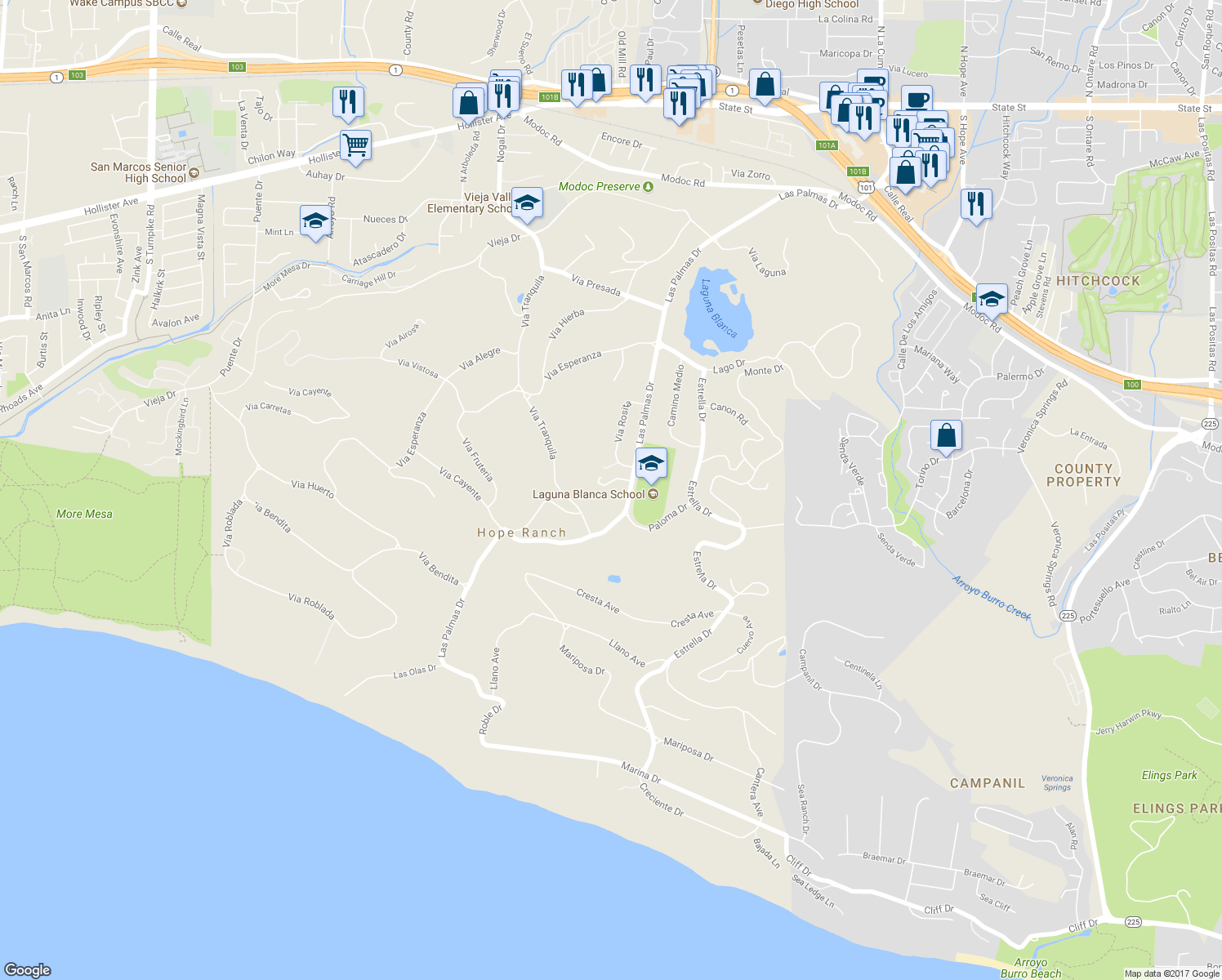 map of restaurants, bars, coffee shops, grocery stores, and more near 1011 Las Palmas Drive in Santa Barbara