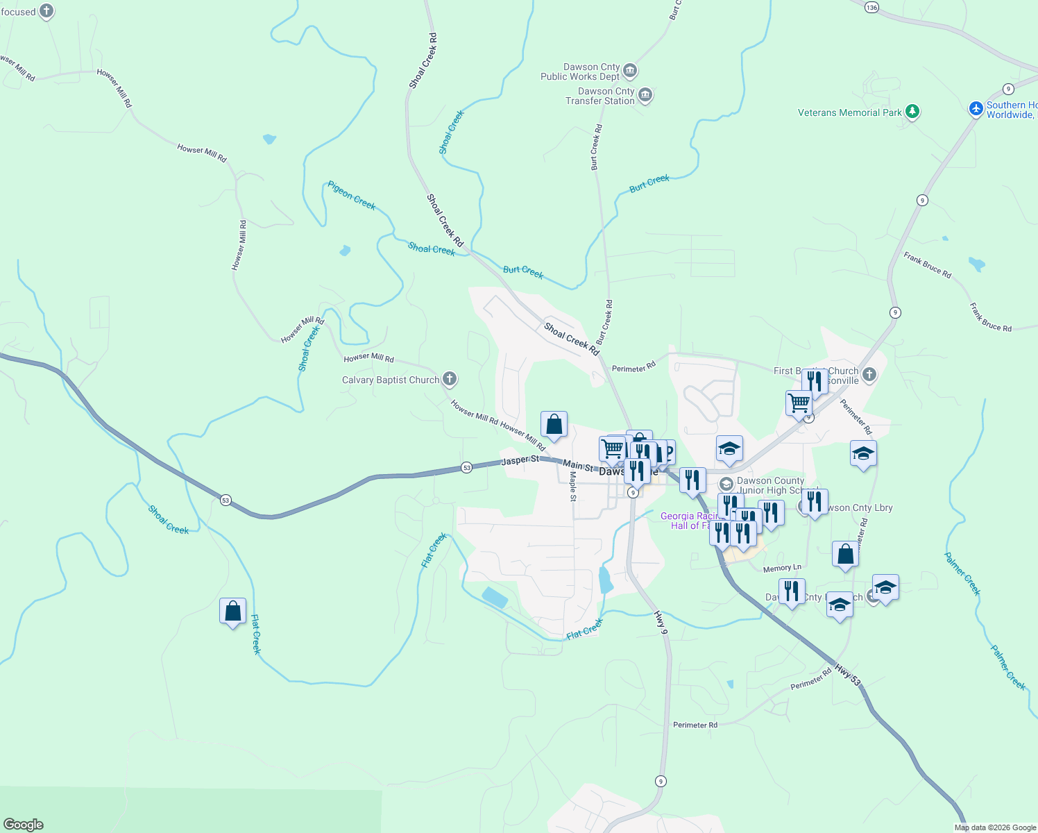 map of restaurants, bars, coffee shops, grocery stores, and more near 80 Mill Stone Drive in Dawsonville