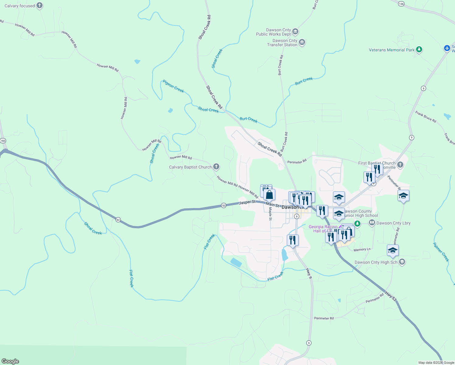 map of restaurants, bars, coffee shops, grocery stores, and more near 379 Howser Mill Rd in Dawsonville