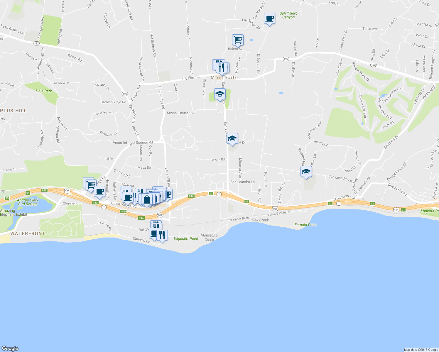 map of restaurants, bars, coffee shops, grocery stores, and more near 180 La Vereda Road in Montecito