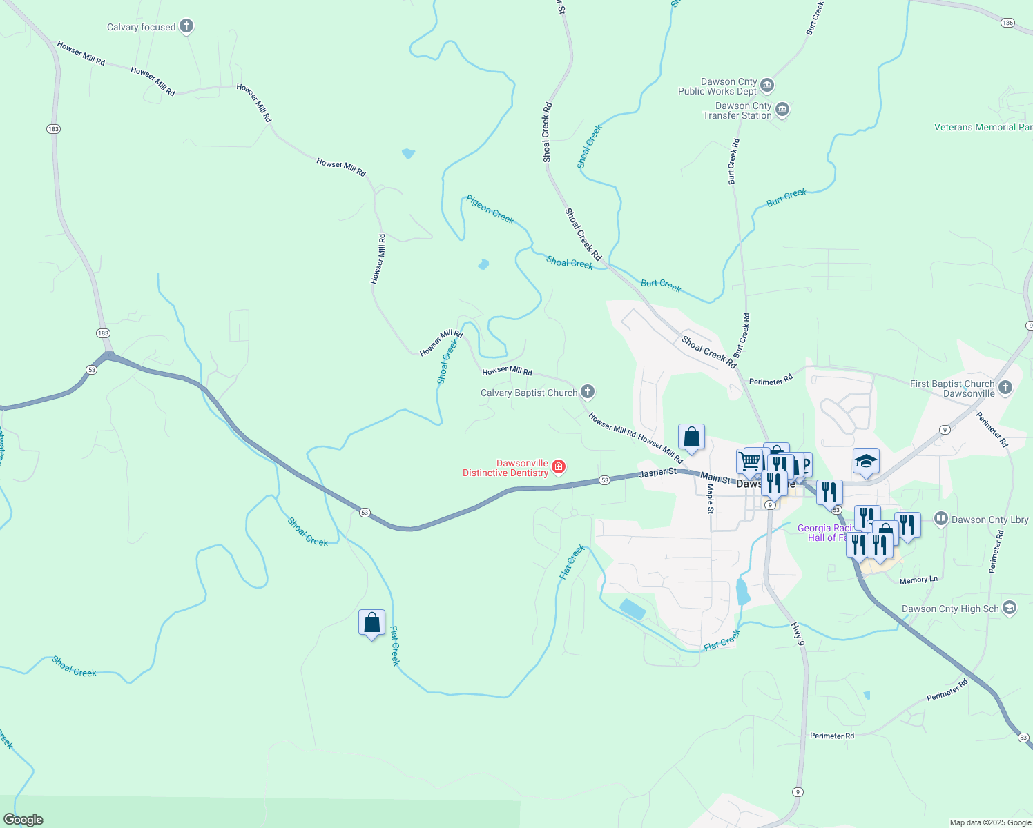 map of restaurants, bars, coffee shops, grocery stores, and more near 76 Lightning Ridge in Dawsonville