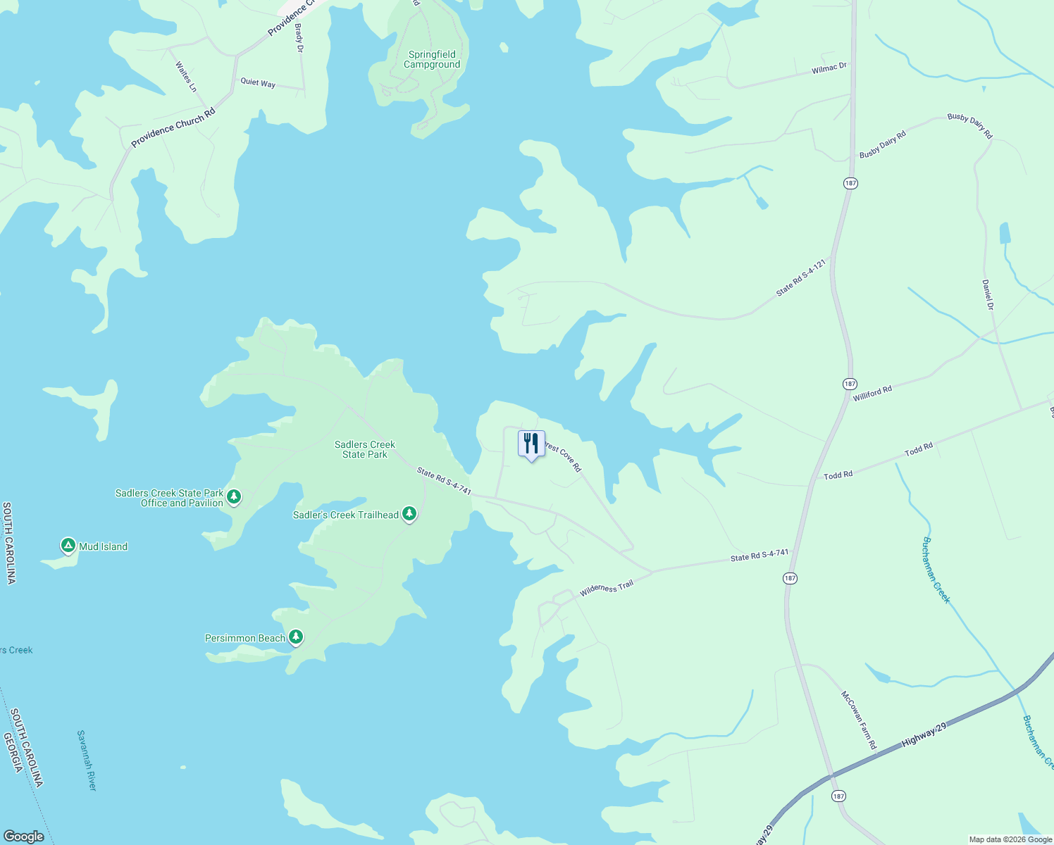 map of restaurants, bars, coffee shops, grocery stores, and more near 233 Forest Cove Road in Anderson
