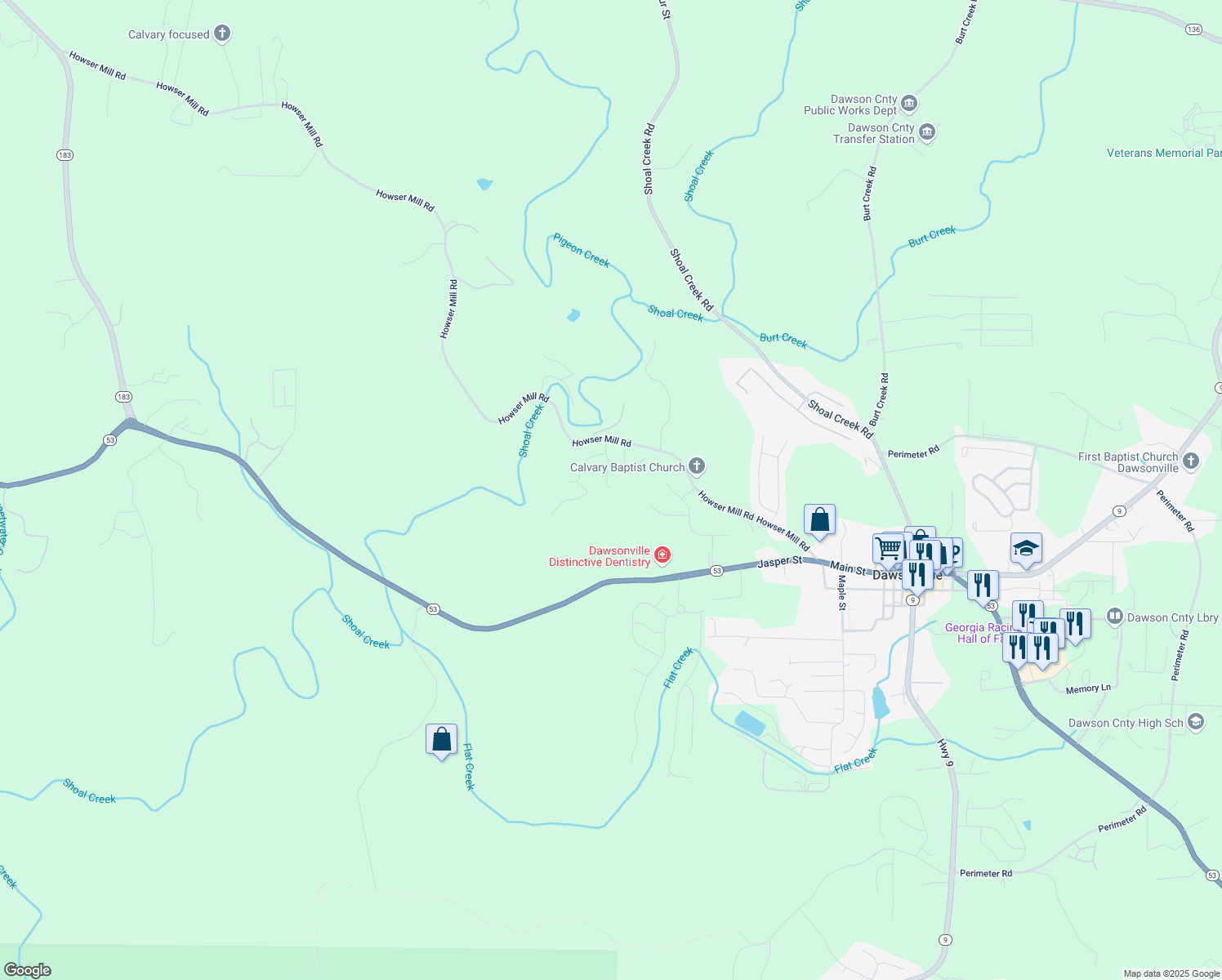 map of restaurants, bars, coffee shops, grocery stores, and more near 76 Lightning Ridge in Dawsonville