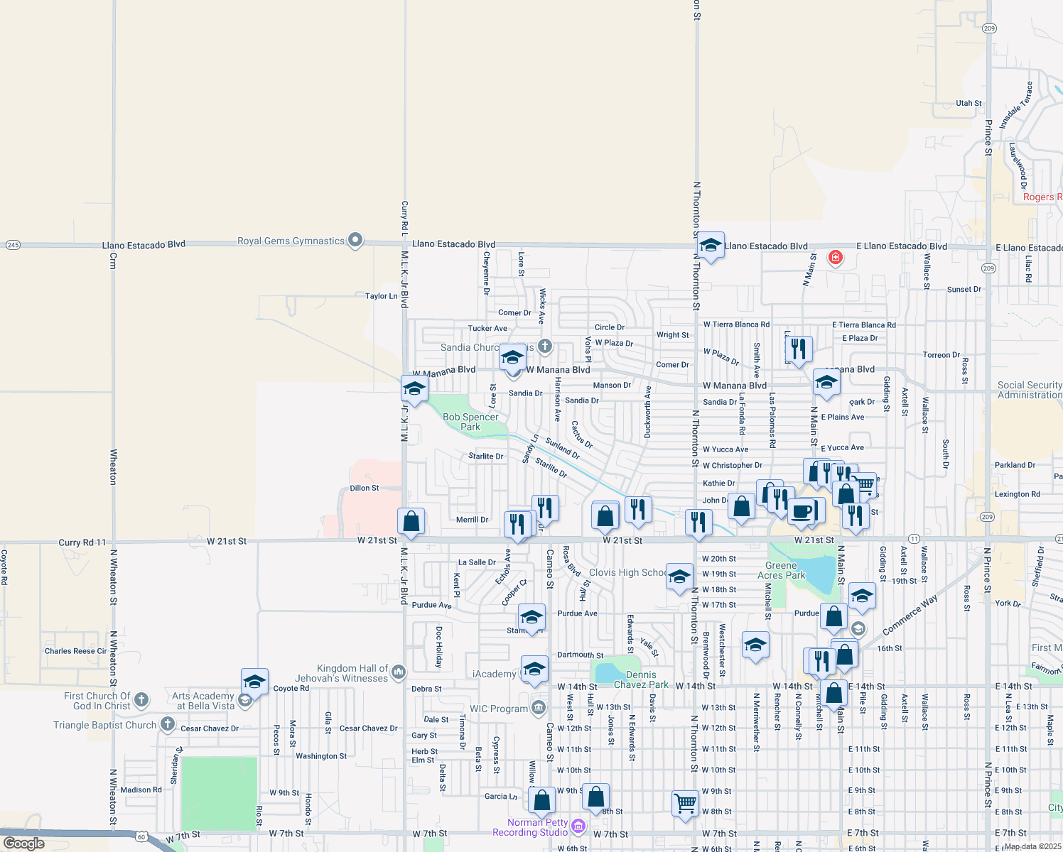 map of restaurants, bars, coffee shops, grocery stores, and more near 504 Sunland Dr in Clovis