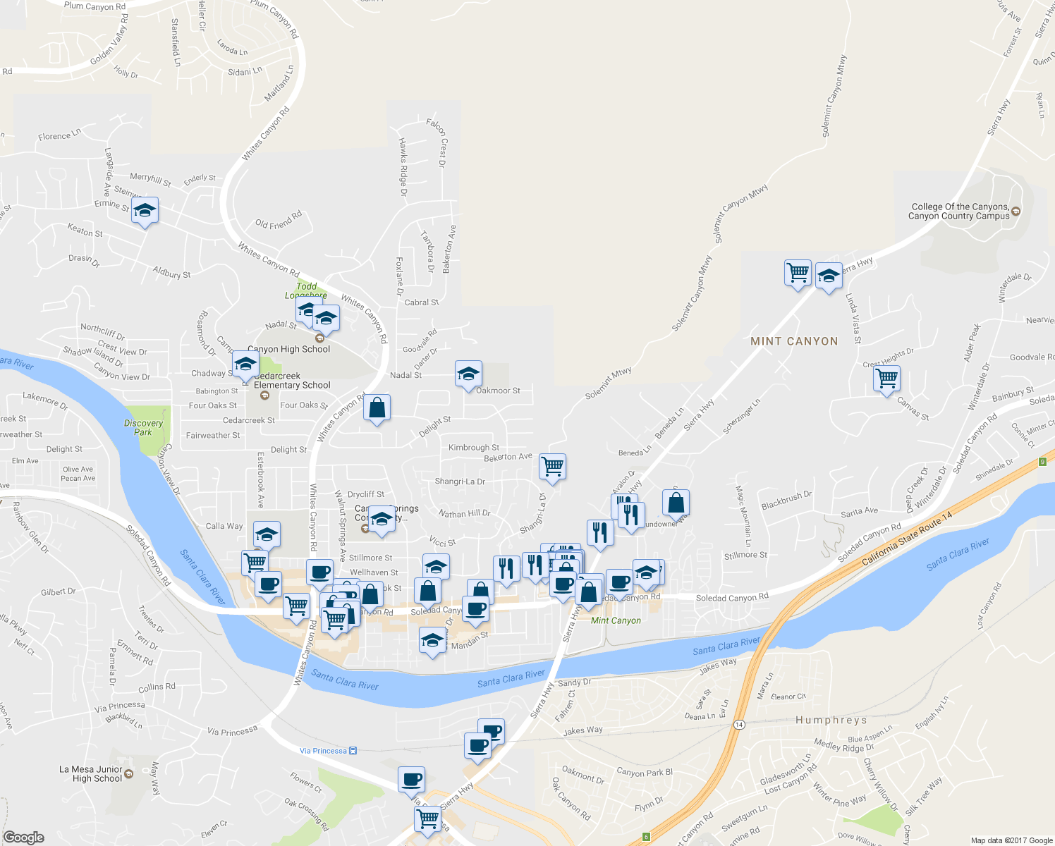 map of restaurants, bars, coffee shops, grocery stores, and more near 18510 Ironshire Street in Santa Clarita